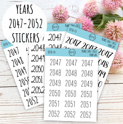 2047 - 2052 Year Stickers for Planners, Bullet Journals, College Planner. Available in Black, Gold, Silver and Rose Gold || Q158