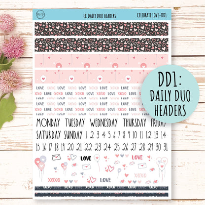 Daily Duo Stickers for 7x9 Planners. FEBRUARY - Valentine's Day. "Celebrate Love" || CL-DD