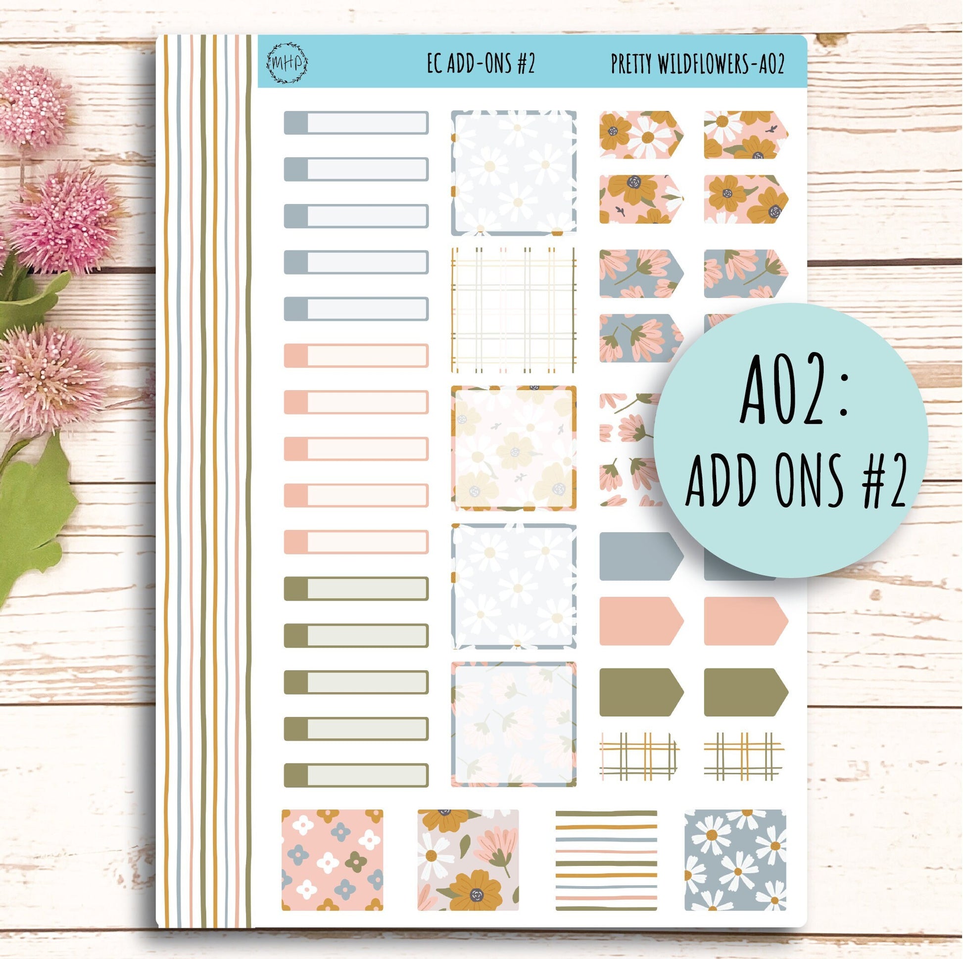 Add Ons Stickers for 7x9 Erin Condren Planners. JUNE "Pretty Wildflowers" || PW-AO
