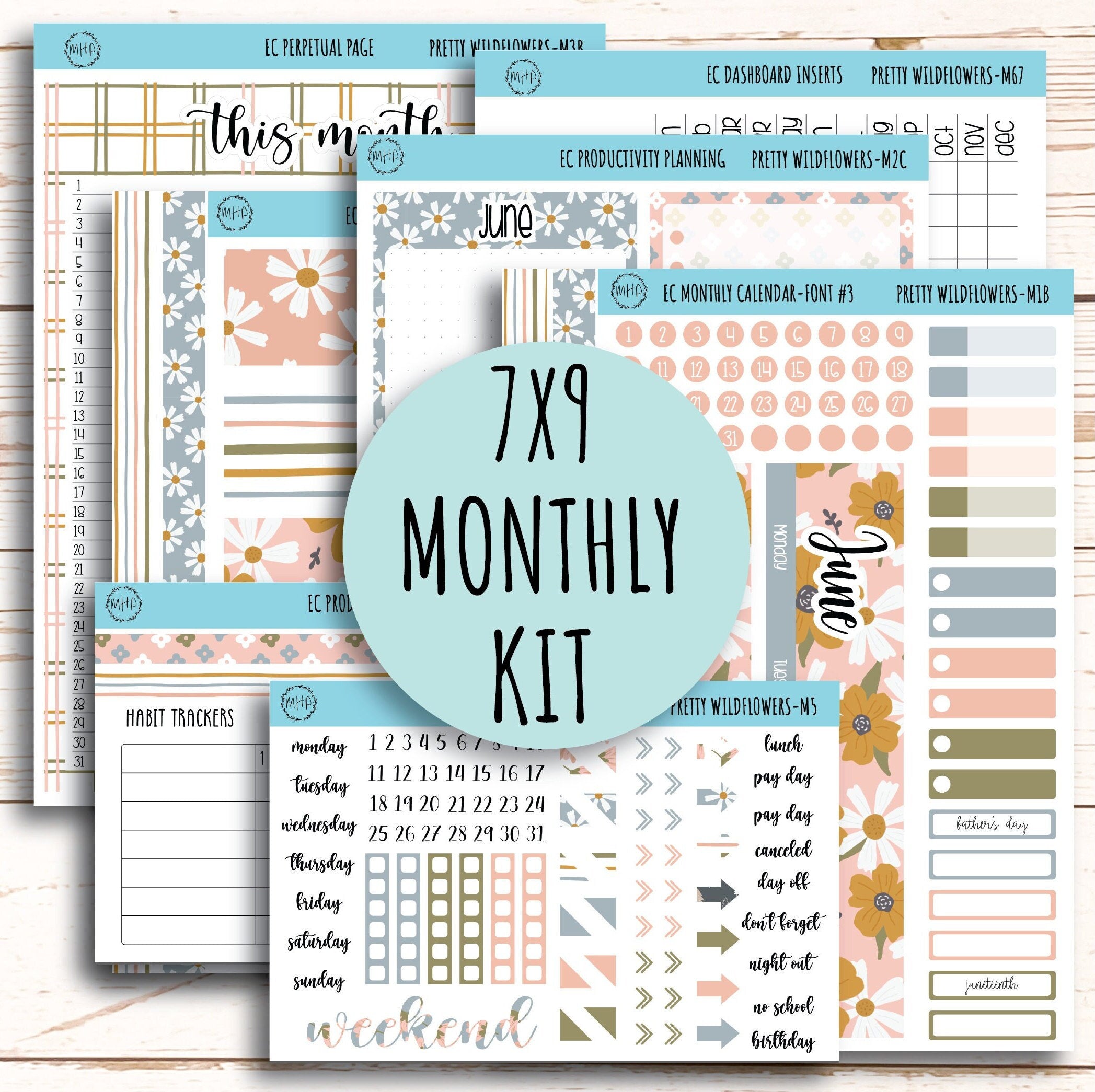 JUNE Monthly Kit Stickers for 7x9 Erin Condren Planners.