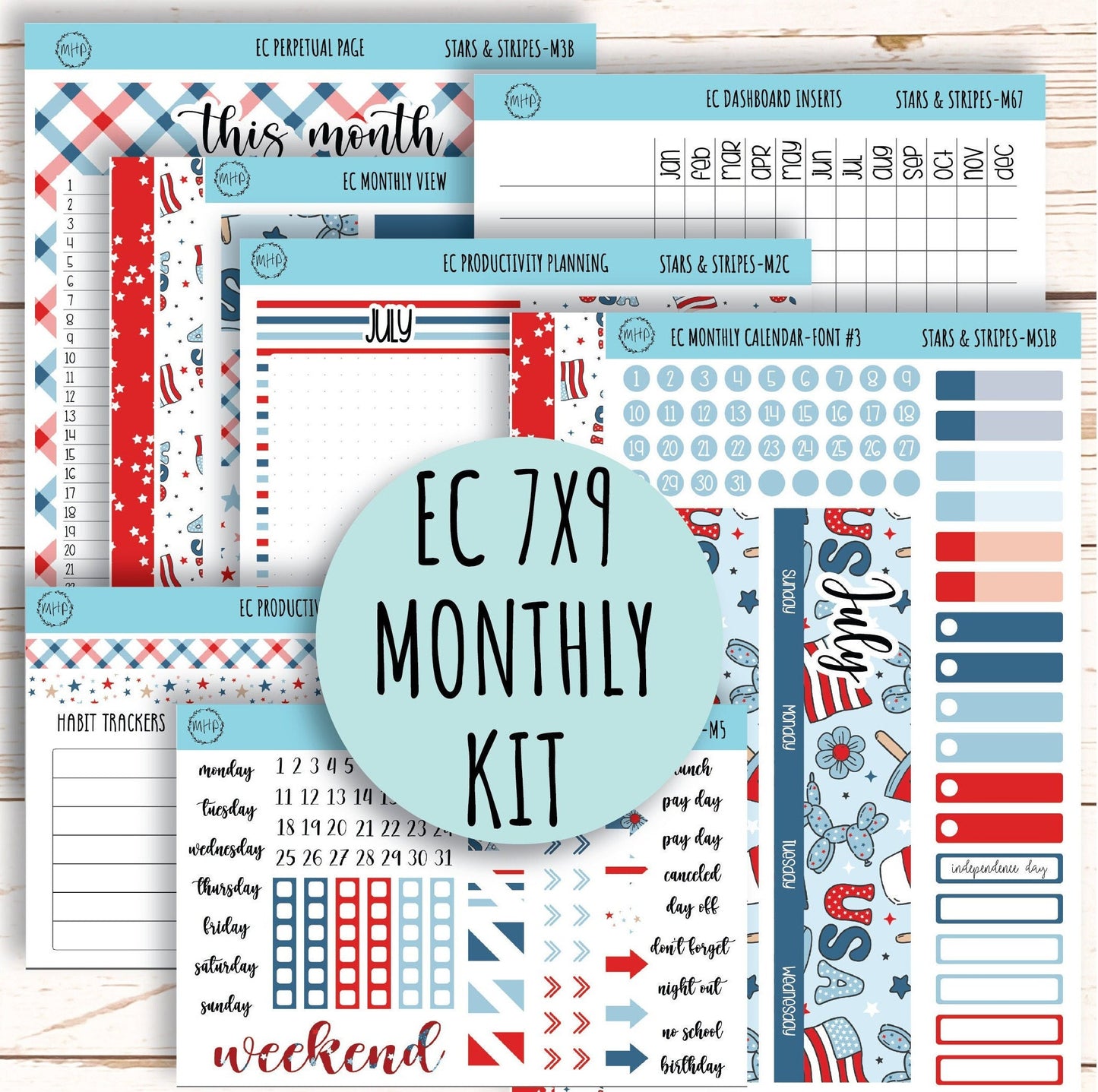 July Monthly Kit Stickers for 7x9 Erin Condren Planners. "STARS and STRIPES" || S&S-M