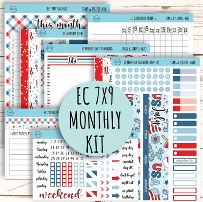 July Monthly Kit Stickers for 7x9 Erin Condren Planners. "STARS and STRIPES" || S&S-M