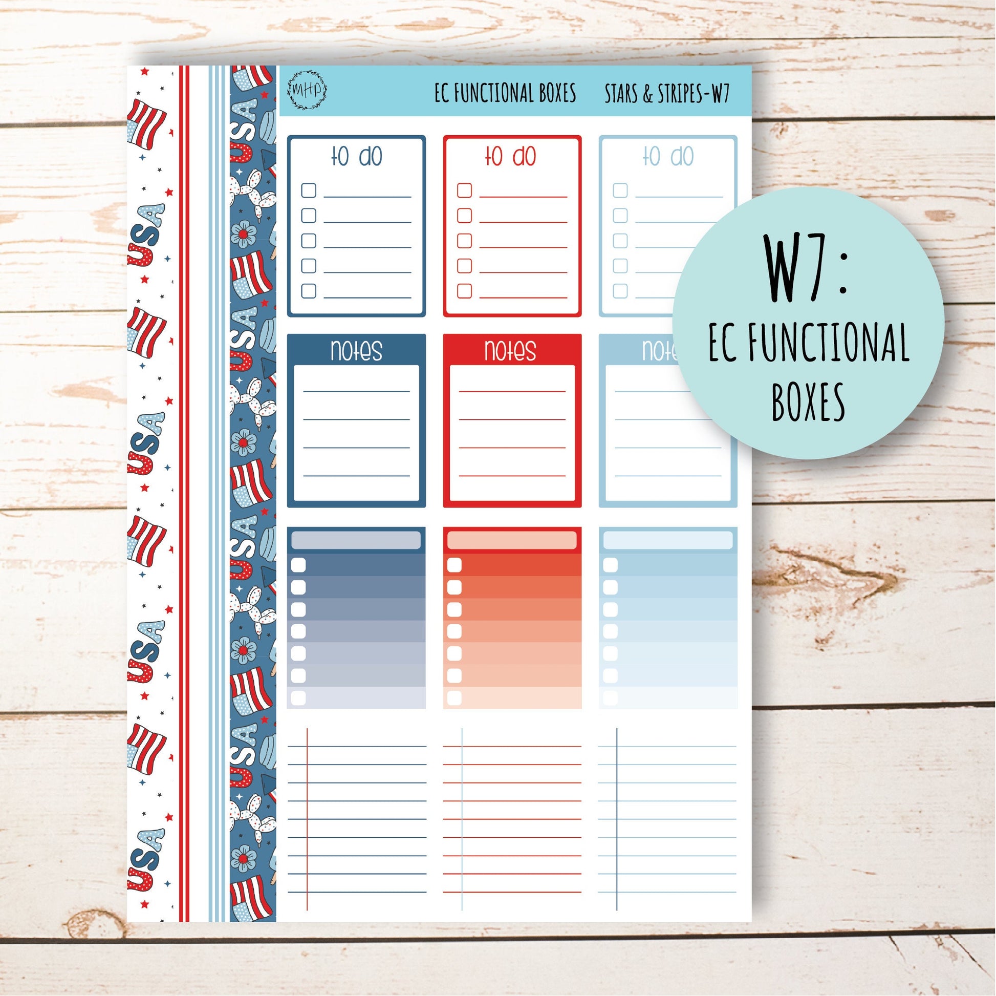 July Weekly Planning Kits for 7x9 Planners. "STARS and STRIPES" || S&S-W