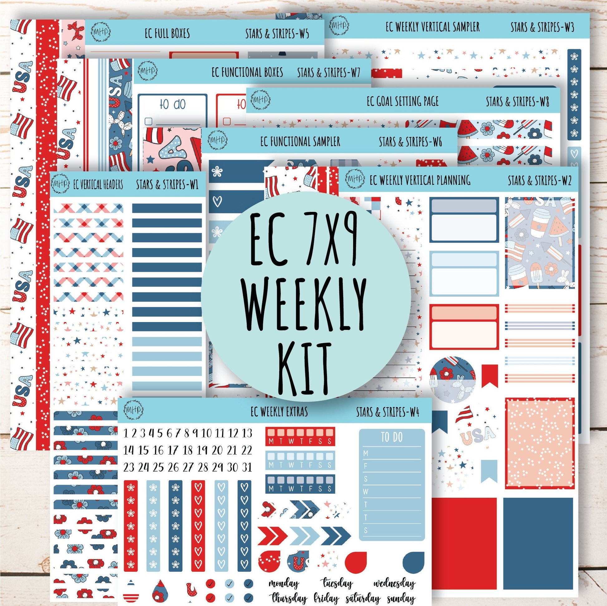 July Weekly Planning Kits for 7x9 Planners. "STARS and STRIPES" || S&S-W