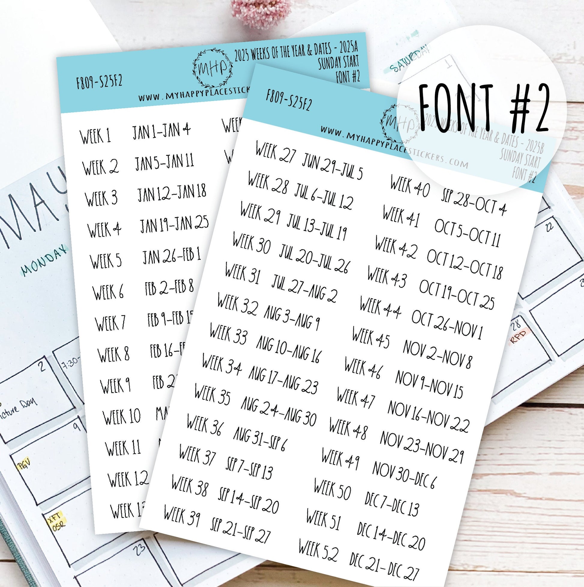 2025 Weeks of the Year Stickers SUNDAY START for Planners and Bullet Journals. || F809