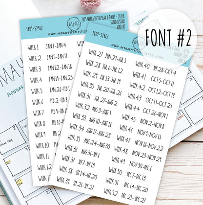 2025 Weeks of the Year Stickers SUNDAY START for Planners and Bullet Journals. || F809