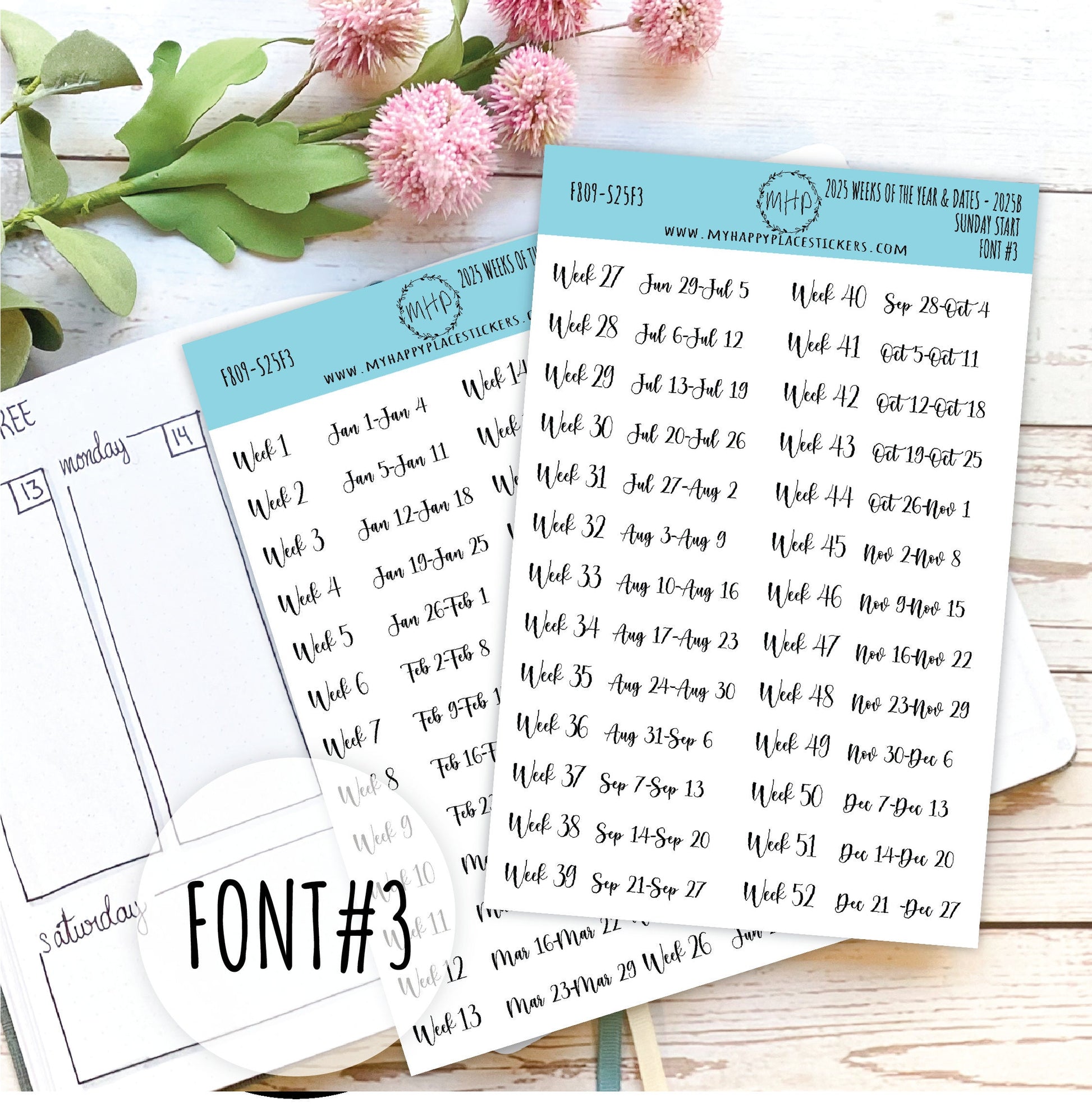 2025 Weeks of the Year Stickers SUNDAY START for Planners and Bullet Journals. || F809