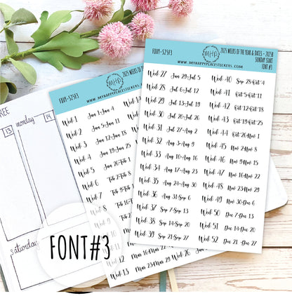 2025 Weeks of the Year Stickers SUNDAY START for Planners and Bullet Journals. || F809