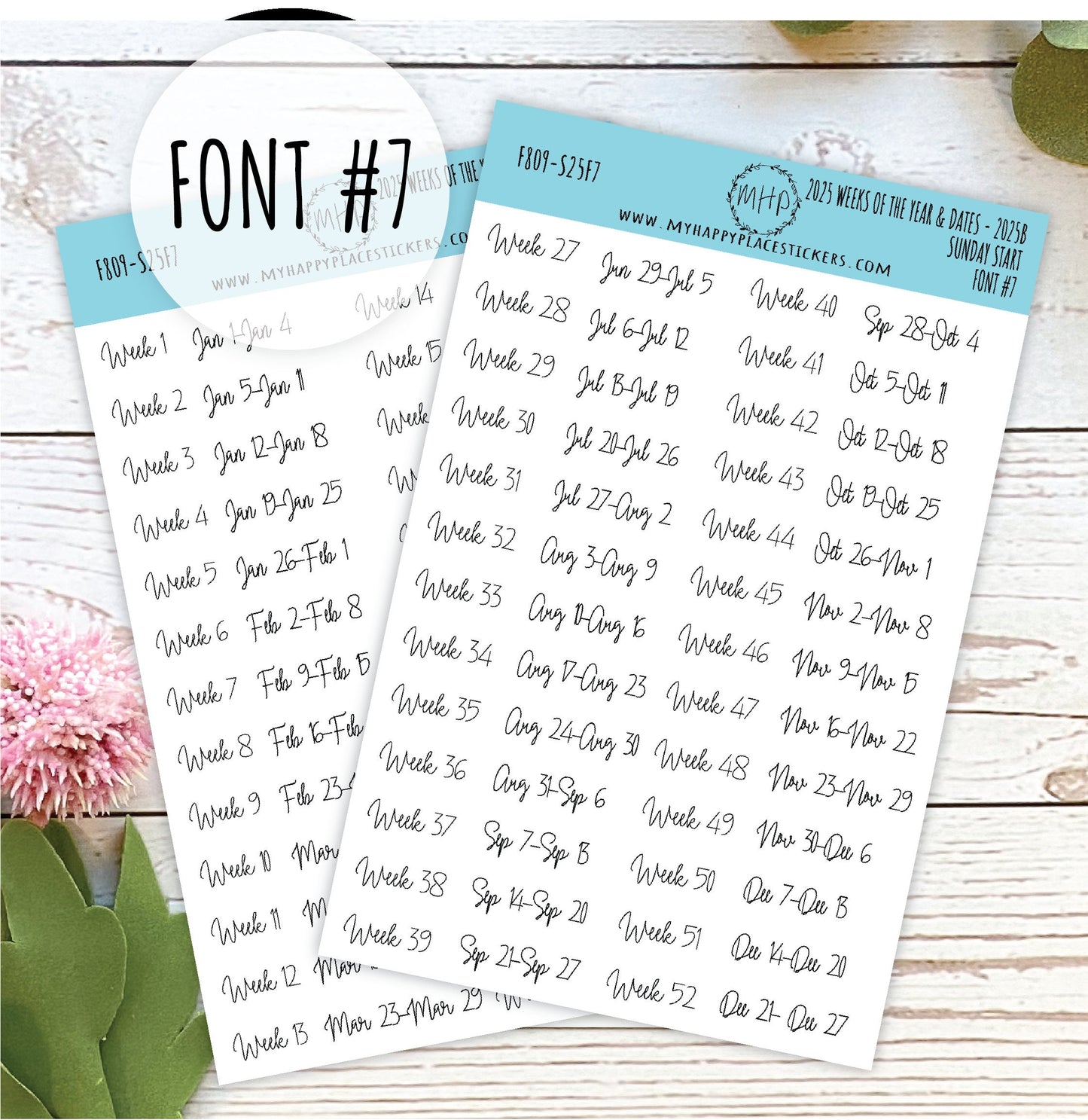 2025 Weeks of the Year Stickers SUNDAY START for Planners and Bullet Journals. || F809