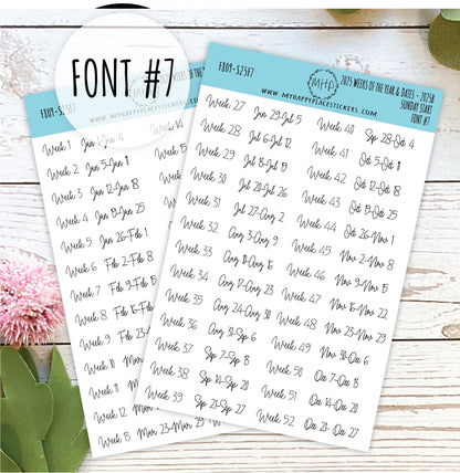 2025 Weeks of the Year Stickers SUNDAY START for Planners and Bullet Journals. || F809