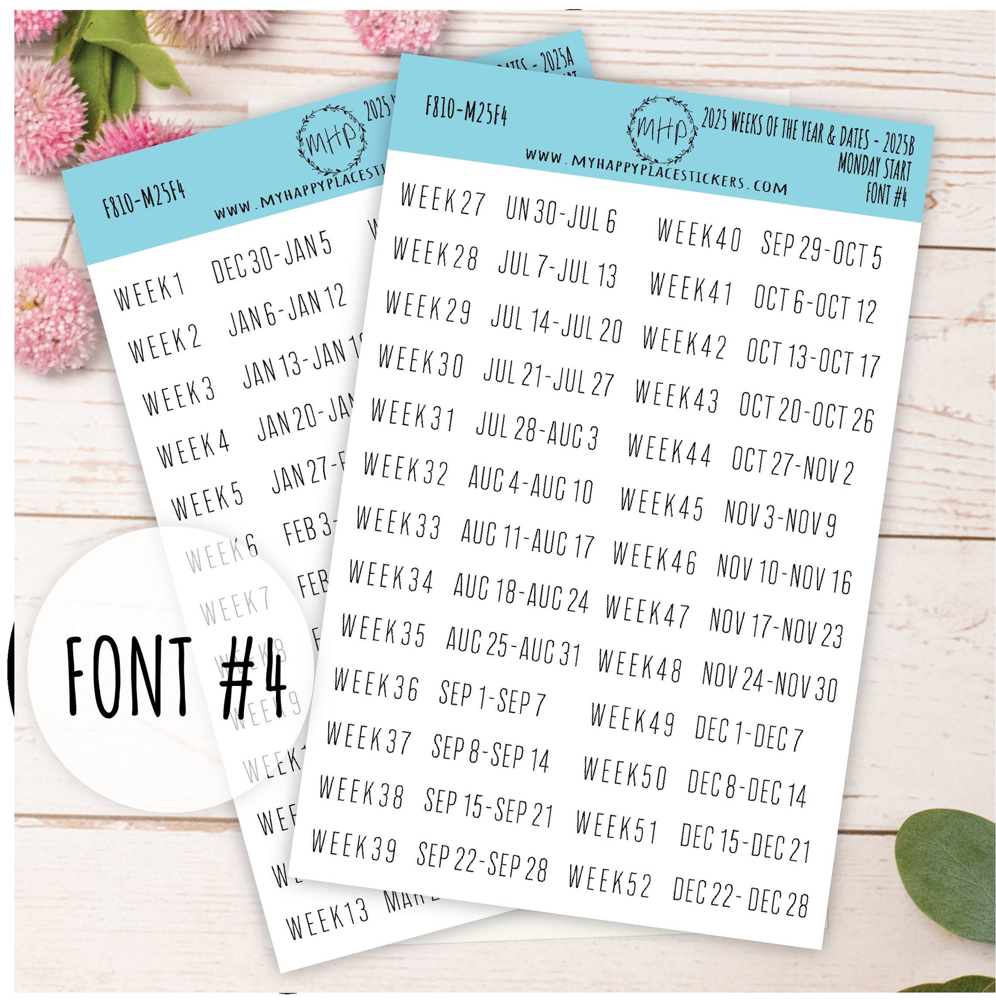 2025 Weeks of the Year Stickers MONDAY START for Planners and Bullet Journals. || F810