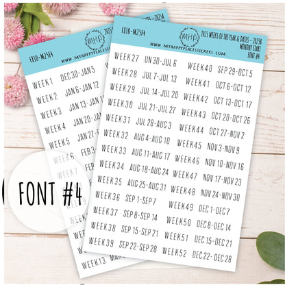 2025 Weeks of the Year Stickers MONDAY START for Planners and Bullet Journals. || F810