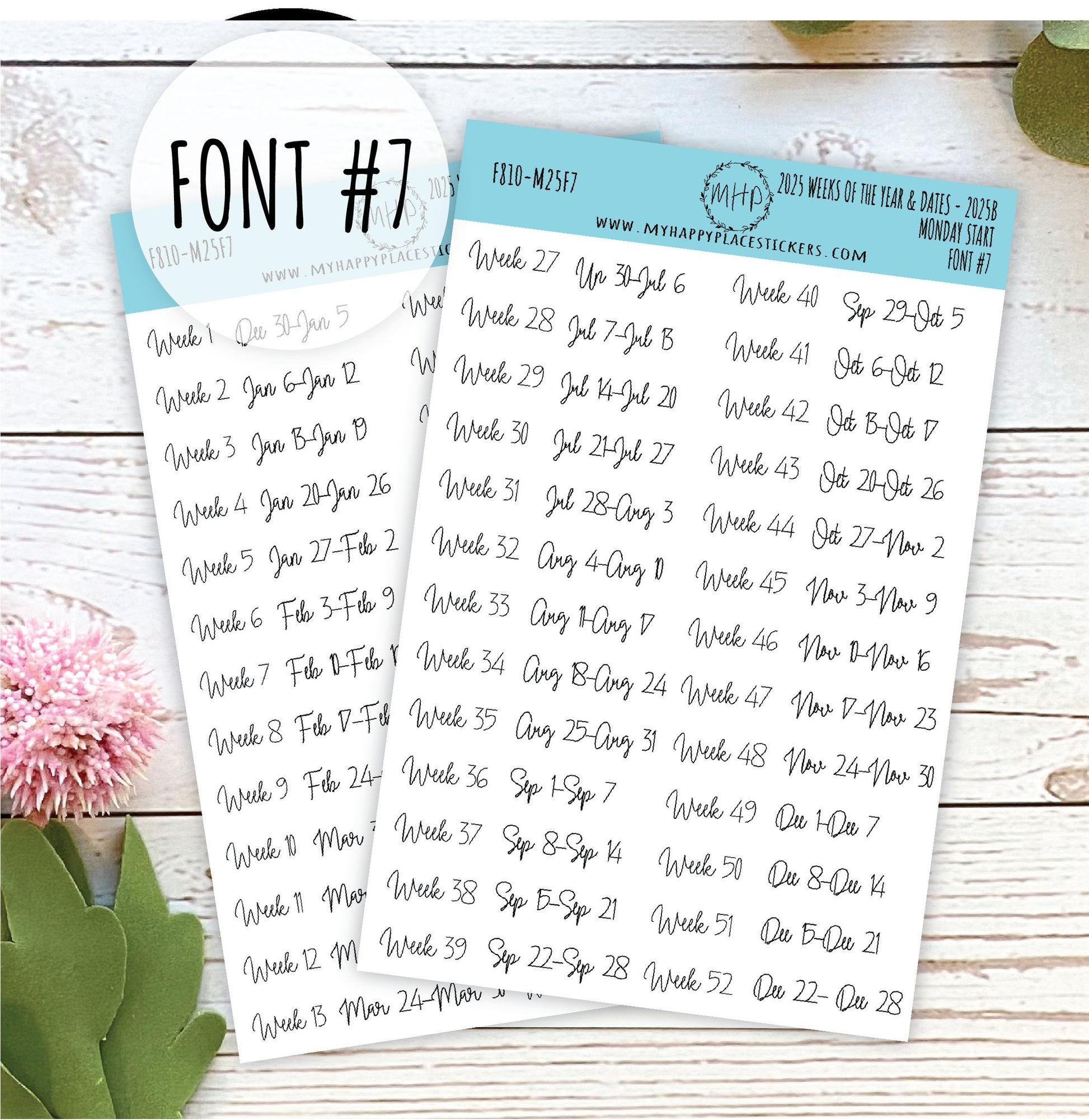 2025 Weeks of the Year Stickers MONDAY START for Planners and Bullet Journals. || F810