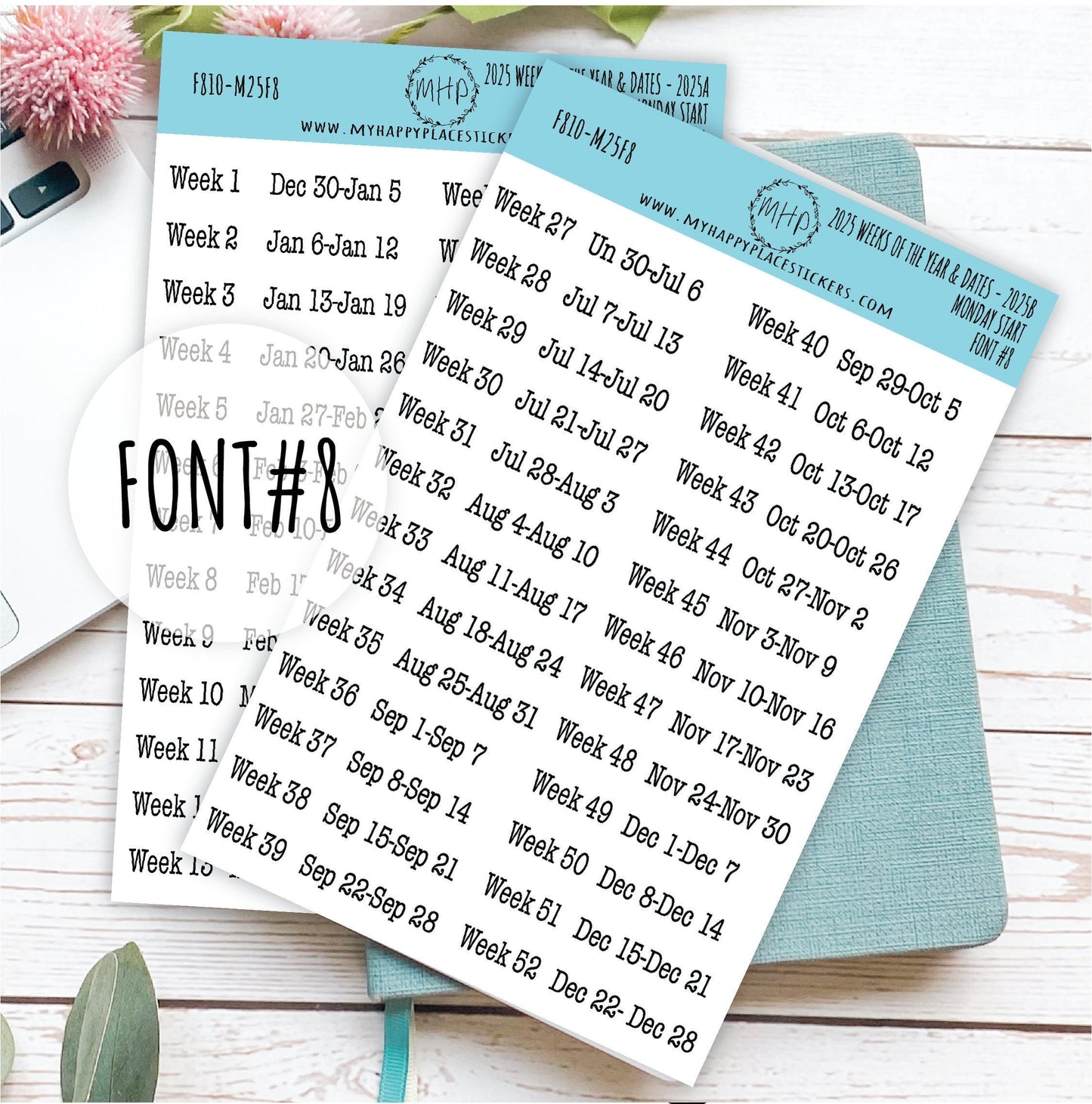 2025 Weeks of the Year Stickers MONDAY START for Planners and Bullet Journals. || F810