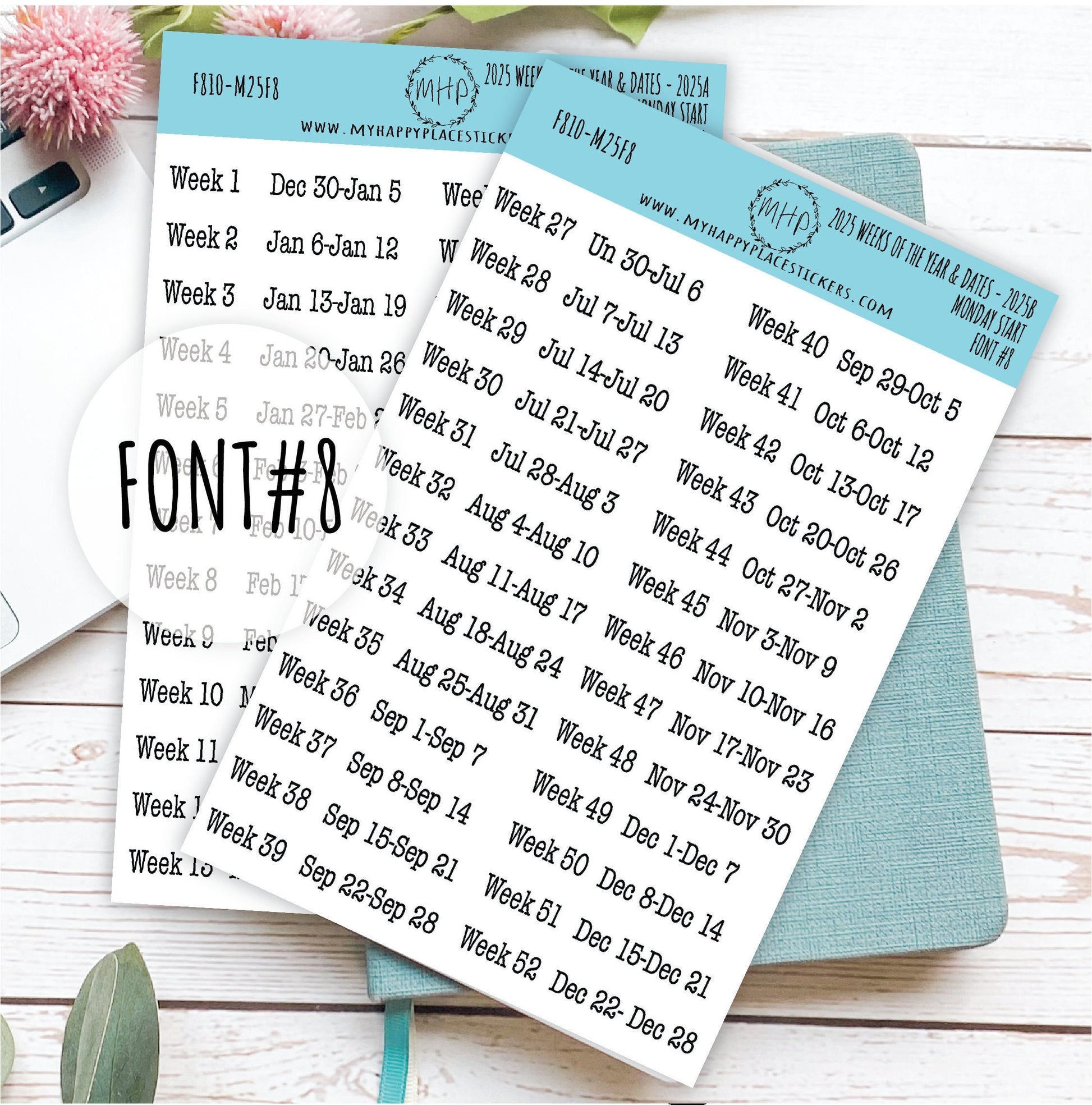 2025 Weeks of the Year Stickers MONDAY START for Planners and Bullet Journals. || F810