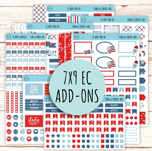 Add Ons Stickers for 7x9 Erin Condren Planners. July "STARS and STRIPES" || S&S-AO
