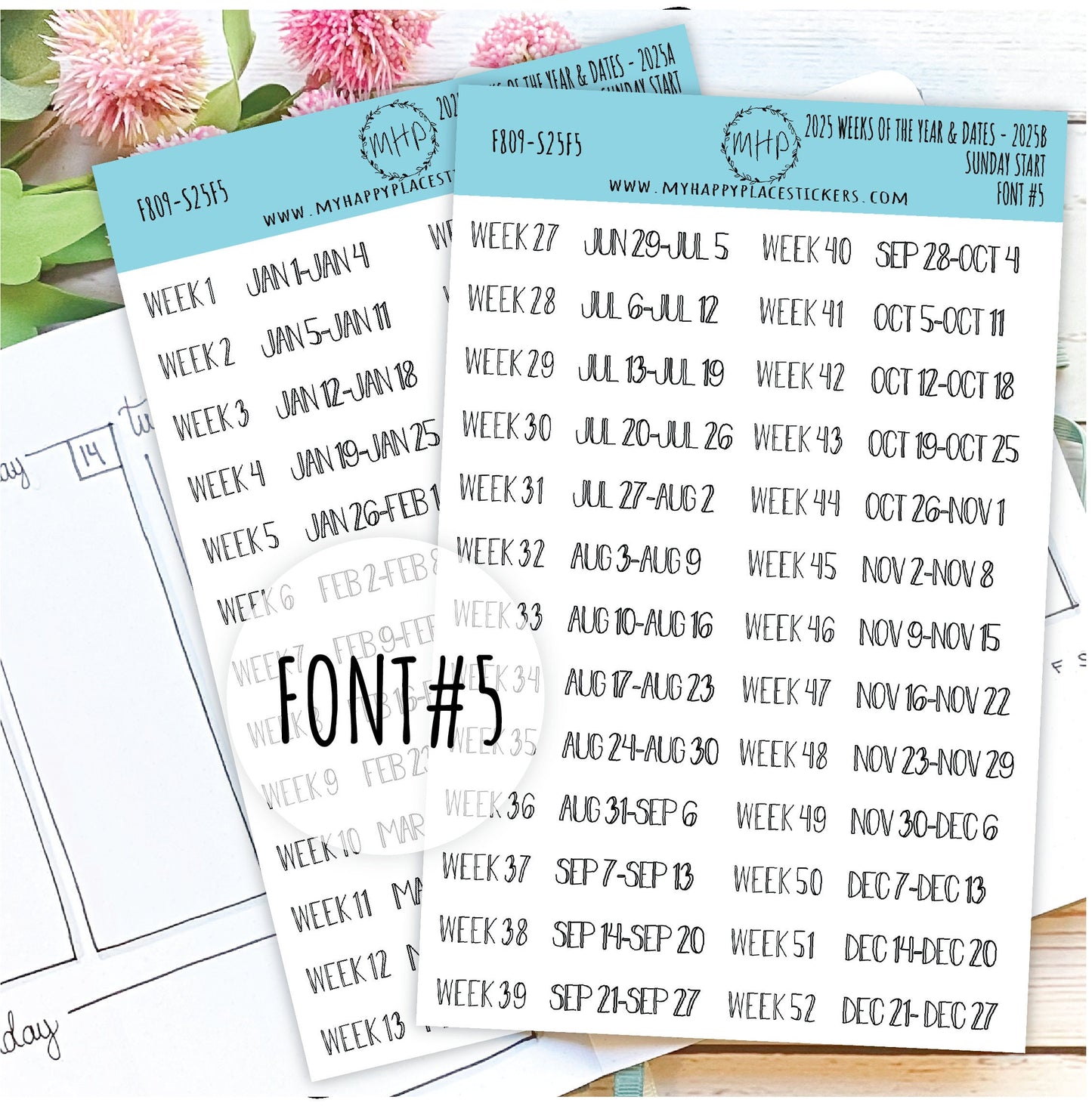 2025 Weeks of the Year Stickers SUNDAY START for Planners and Bullet Journals. || F809