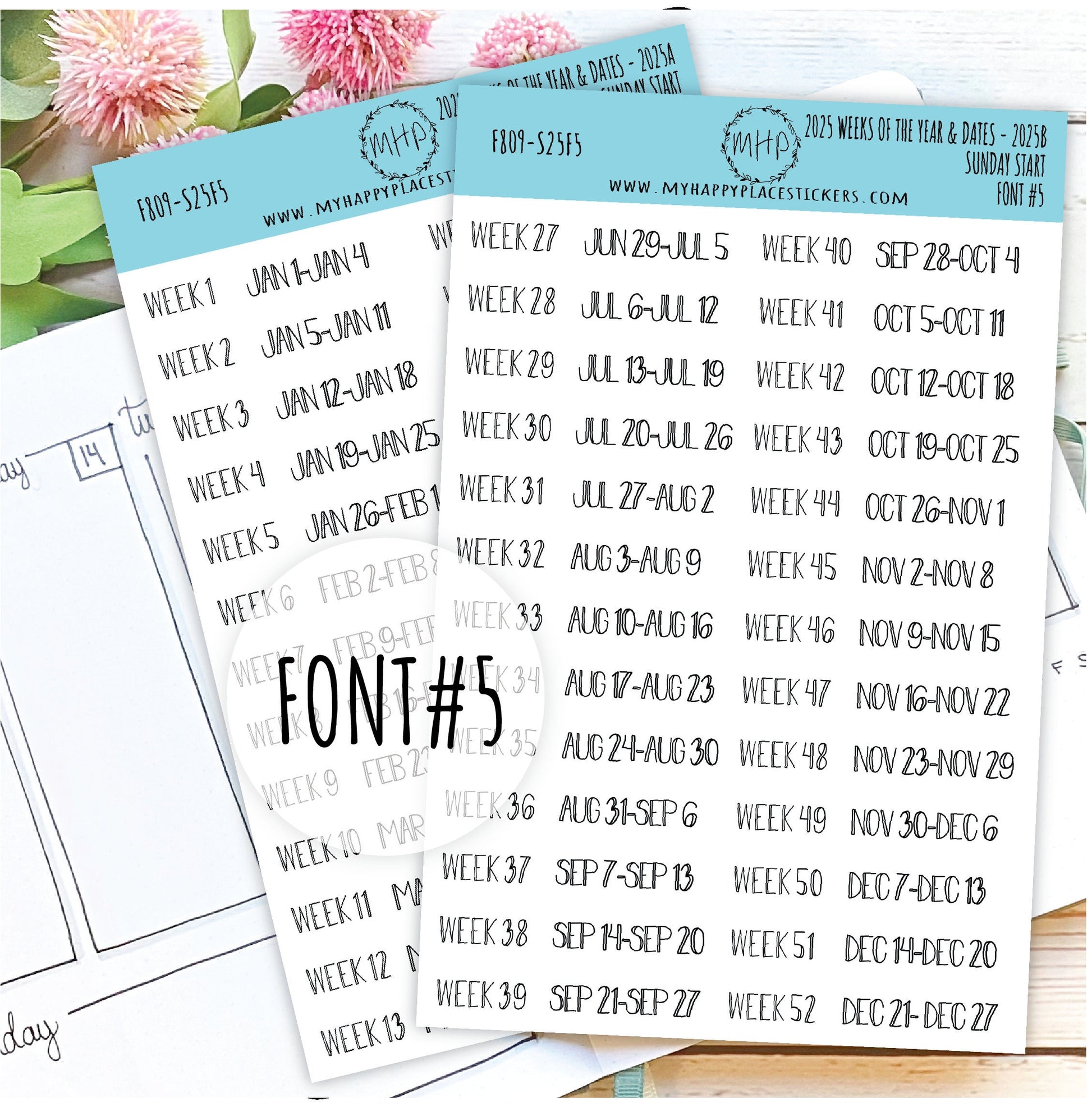2025 Weeks of the Year Stickers SUNDAY START for Planners and Bullet Journals. || F809