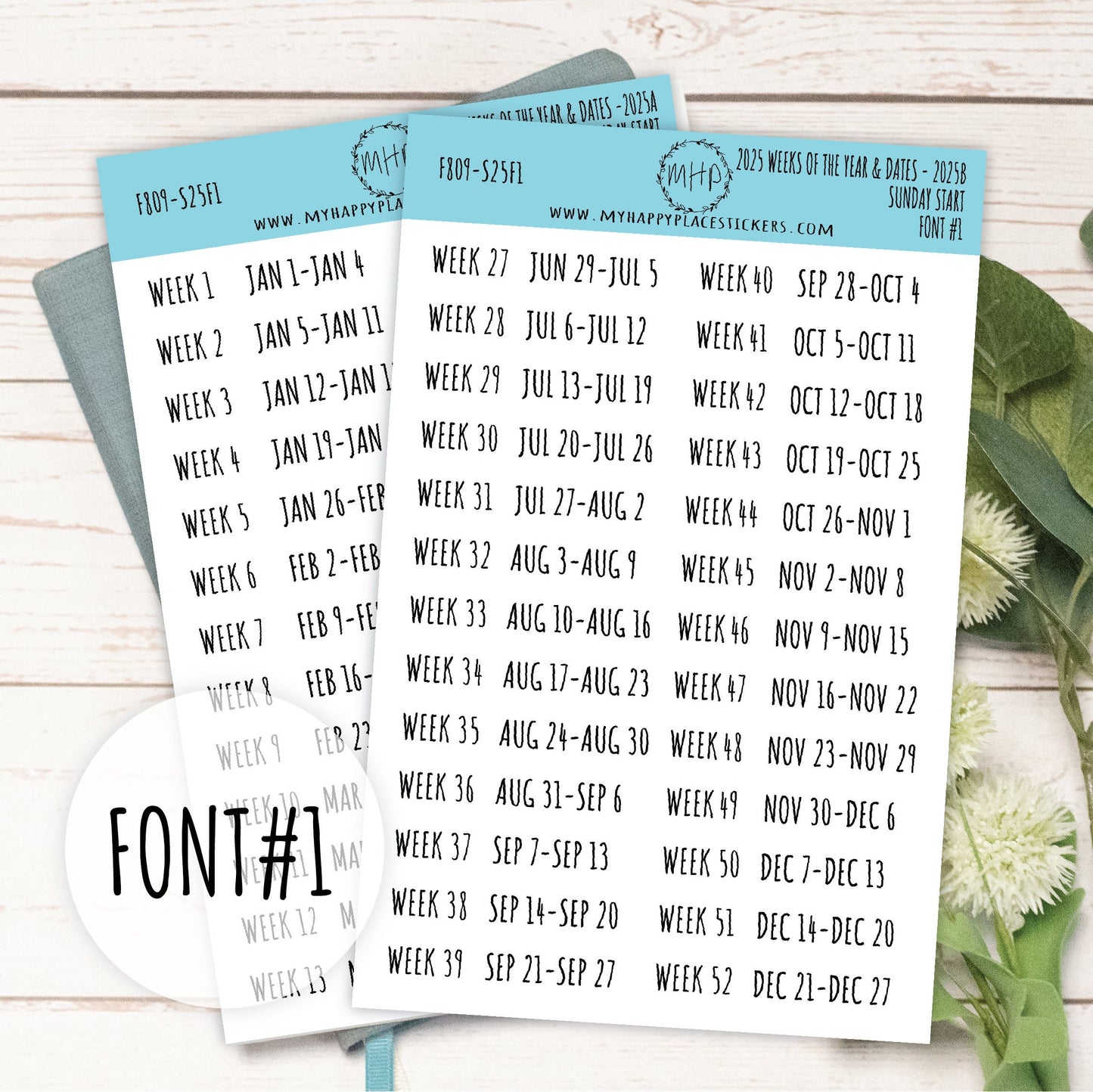 2025 Weeks of the Year Stickers SUNDAY START for Planners and Bullet Journals. || F809