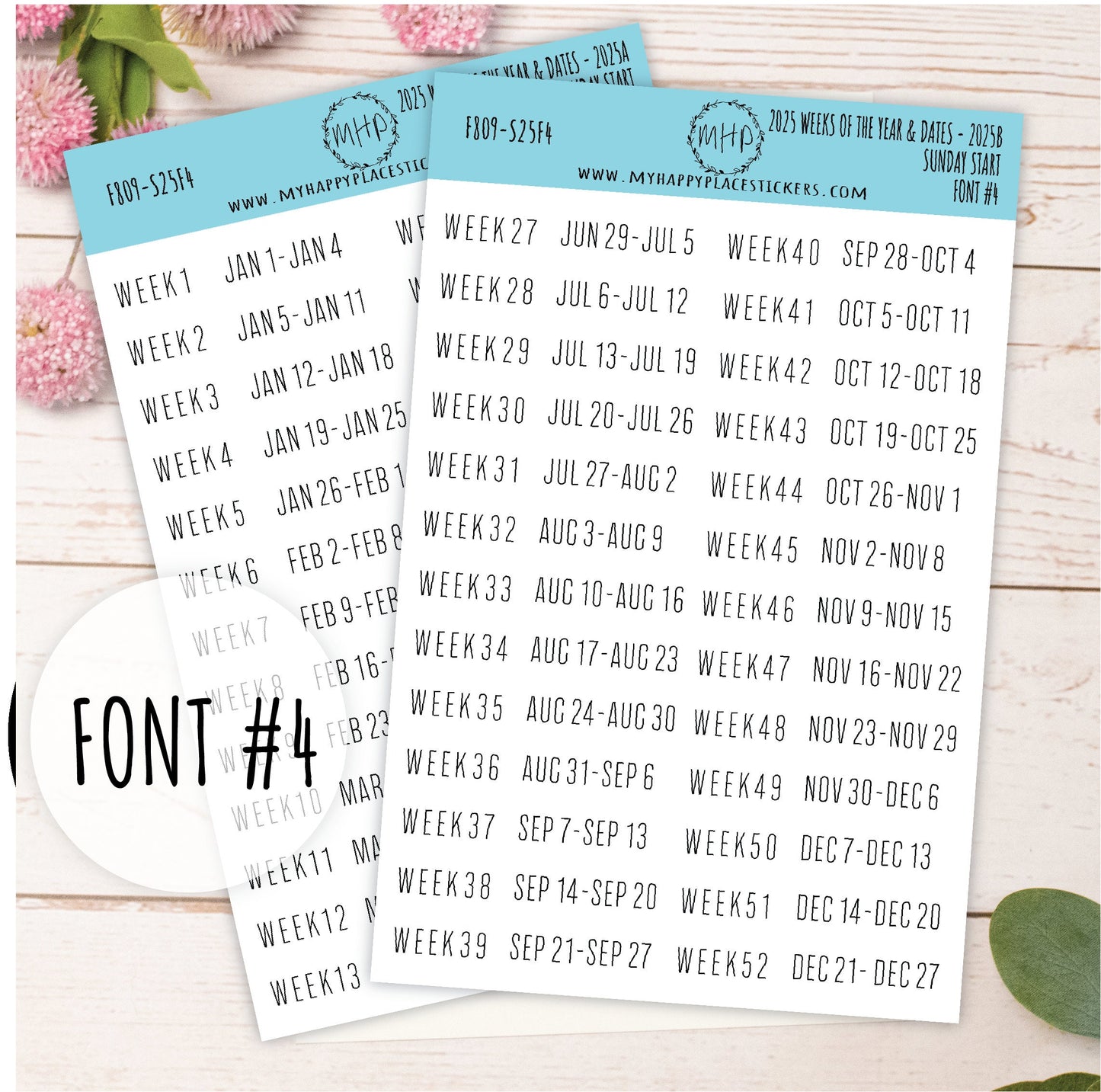 2025 Weeks of the Year Stickers SUNDAY START for Planners and Bullet Journals. || F809