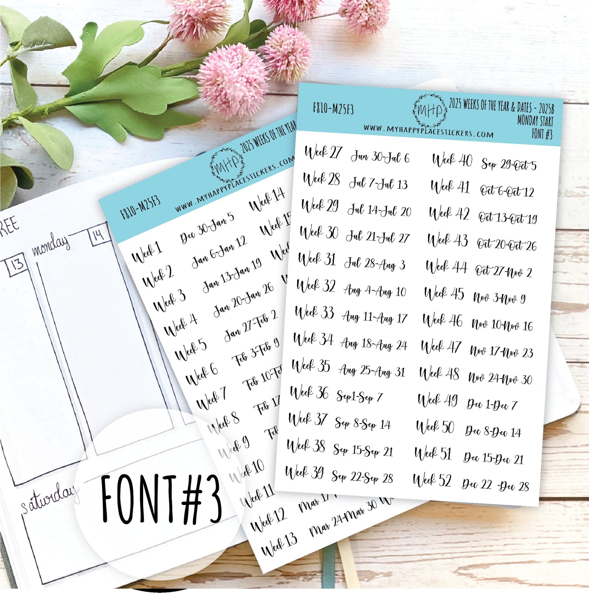 2025 Weeks of the Year Stickers MONDAY START for Planners and Bullet Journals. || F810