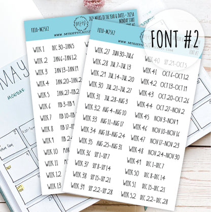 2025 Weeks of the Year Stickers MONDAY START for Planners and Bullet Journals. || F810
