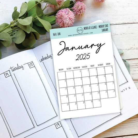 2025 Month at a Glance Stickers for Planners. MONDAY Start || H643