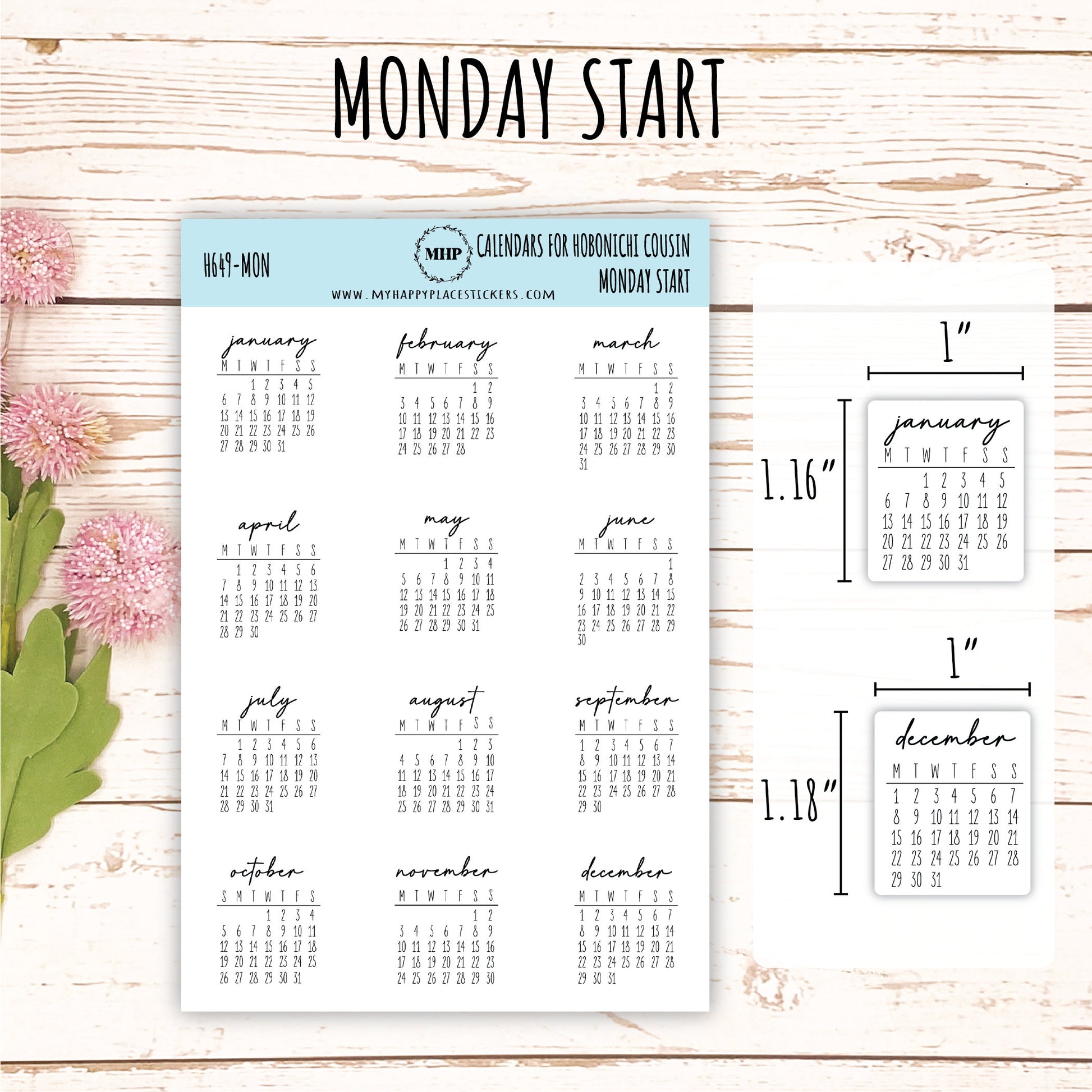 2025 Calendar Stickers for Hobonichi Cousin Planners || H649