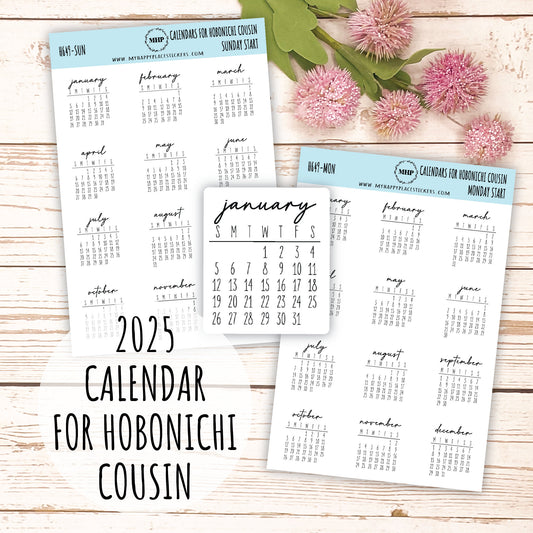 2025 Calendar Stickers for Hobonichi Cousin Planners || H649