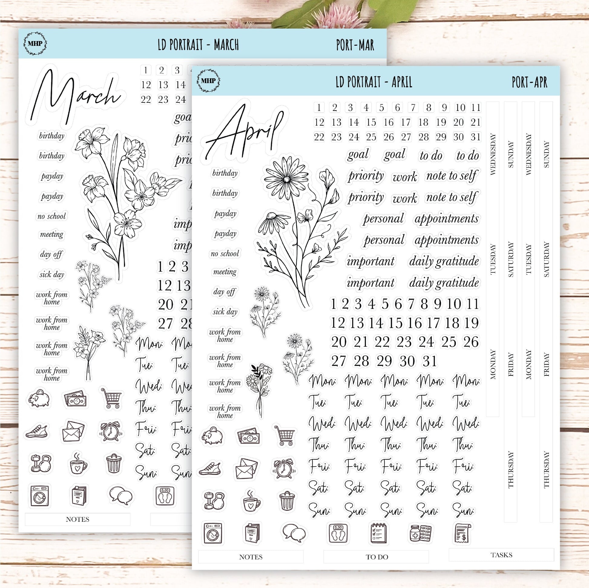 Minimalist Stickers for Laurel Denise Portrait Planners. || LD-P