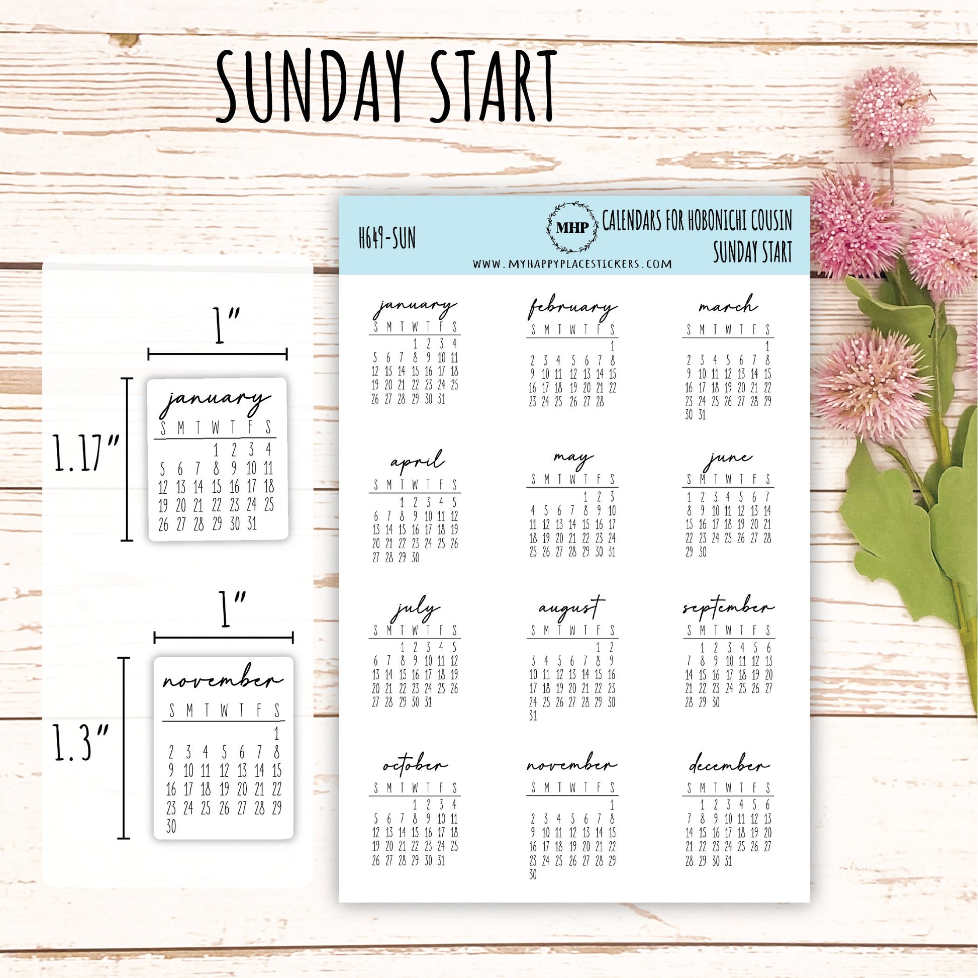 2025 Calendar Stickers for Hobonichi Cousin Planners || H649