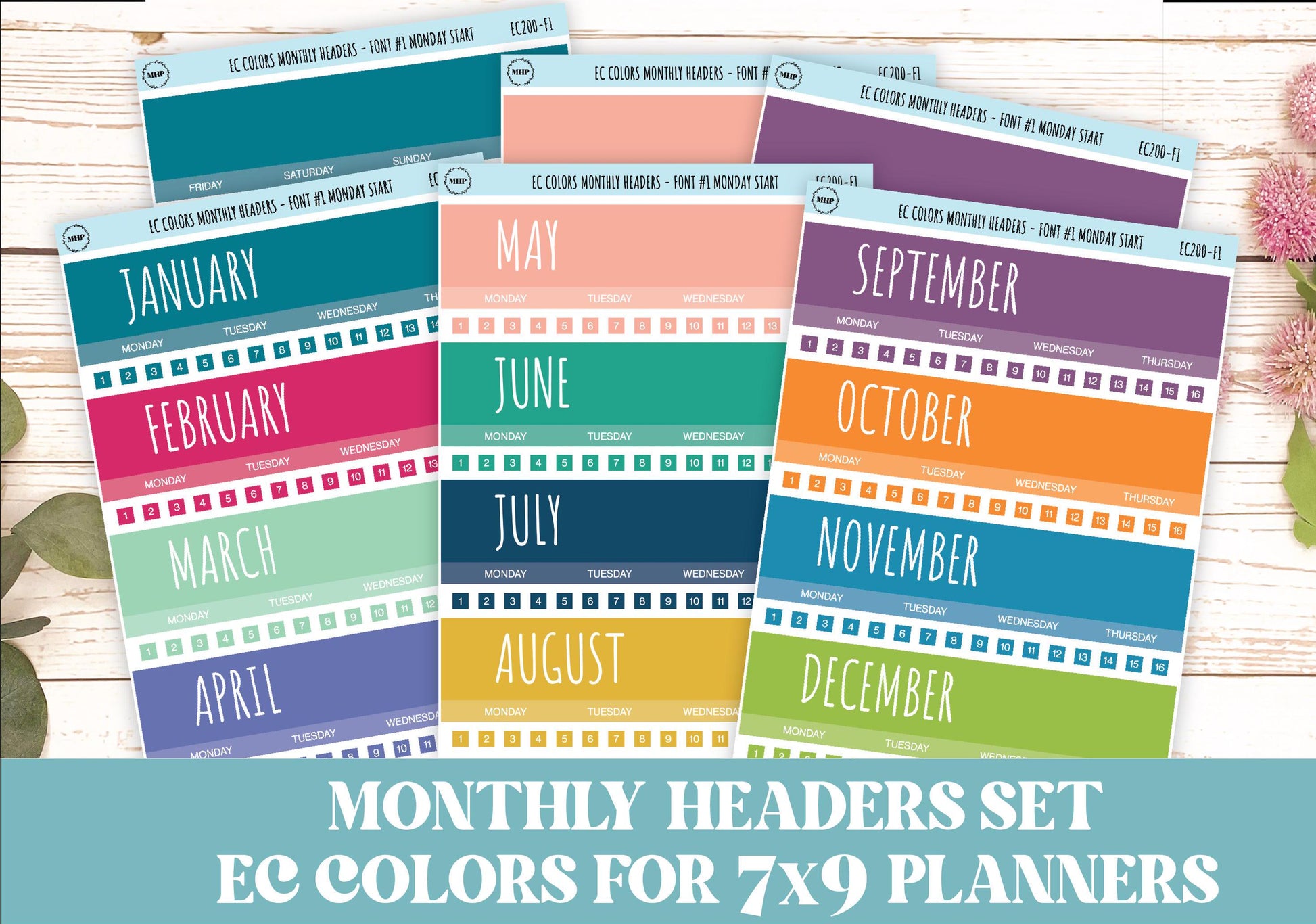 Monthly Headers Set for 7x9 Erin Condren. Planner Stickers || EC201