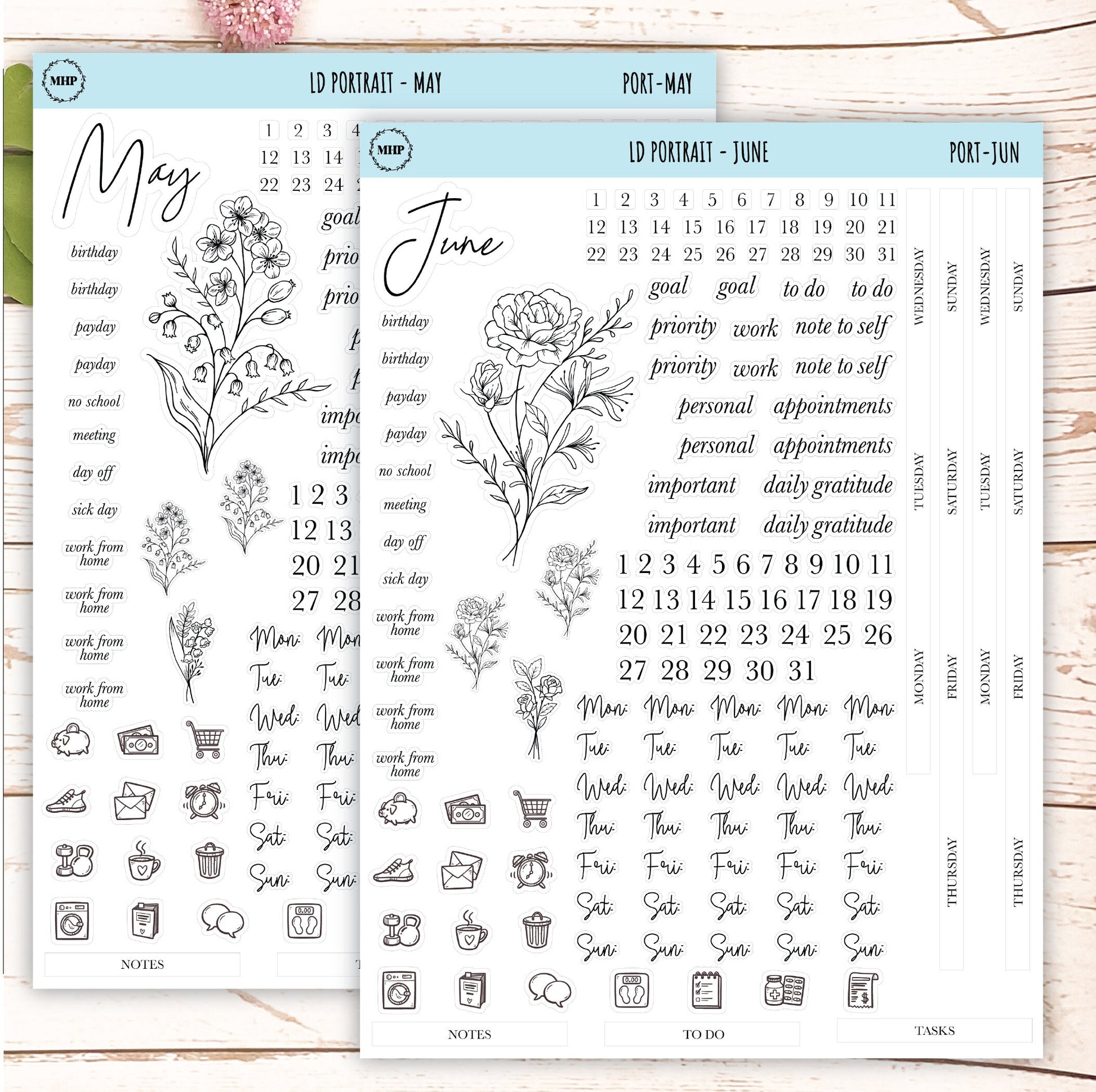 Minimalist Stickers for Laurel Denise Portrait Planners. || LD-P
