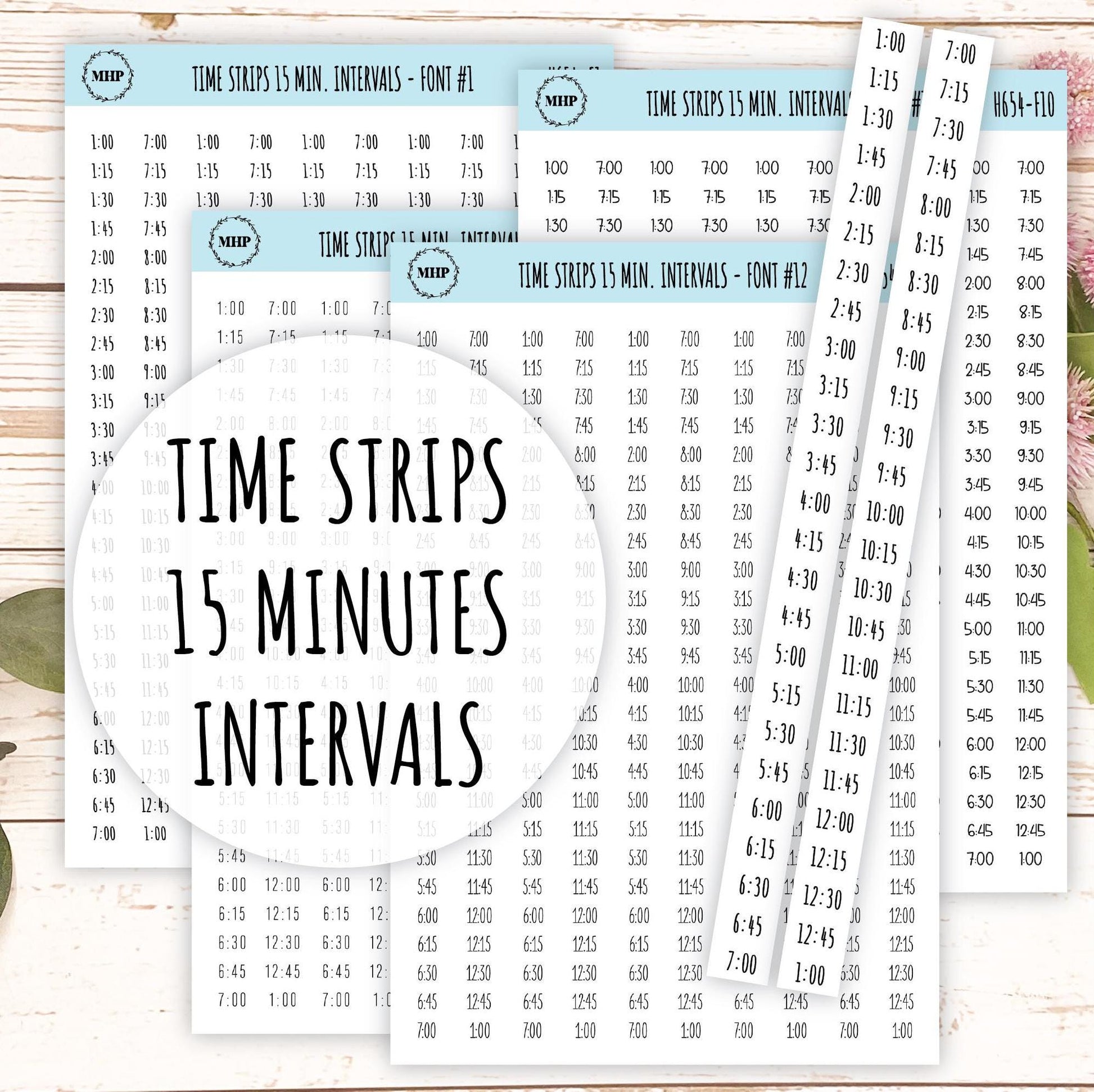 Time Strips for Planners. 15-Minutes Intervals. Planner Stickers || H654