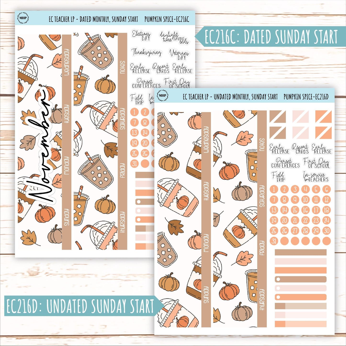 NOVEMBER Stickers for EC Teacher Lesson Planner. "Pumpkin Spice" || EC216PS