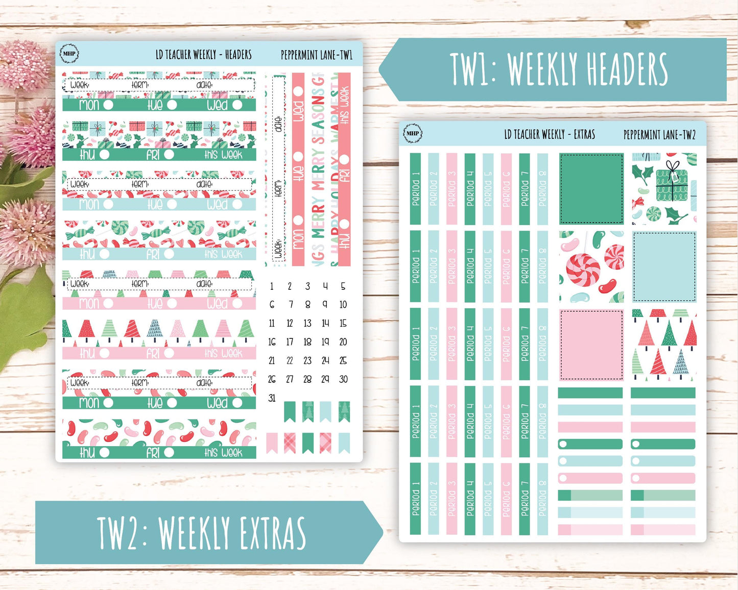 DECEMBER Stickers for Laurel Denise Teacher Planners. "Peppermint Lane" || TPL