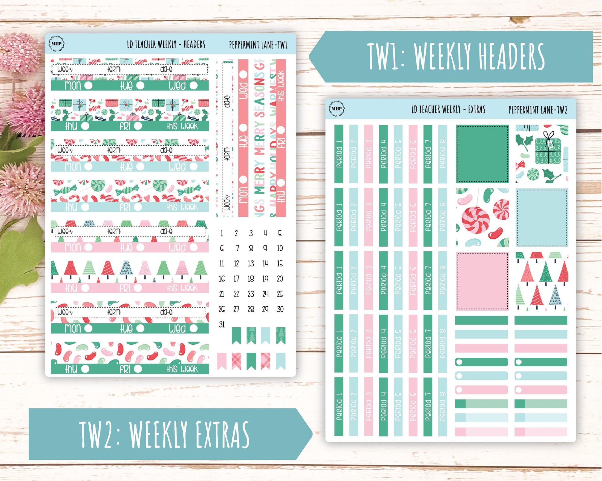 DECEMBER Stickers for Laurel Denise Teacher Planners. "Peppermint Lane" || TPL