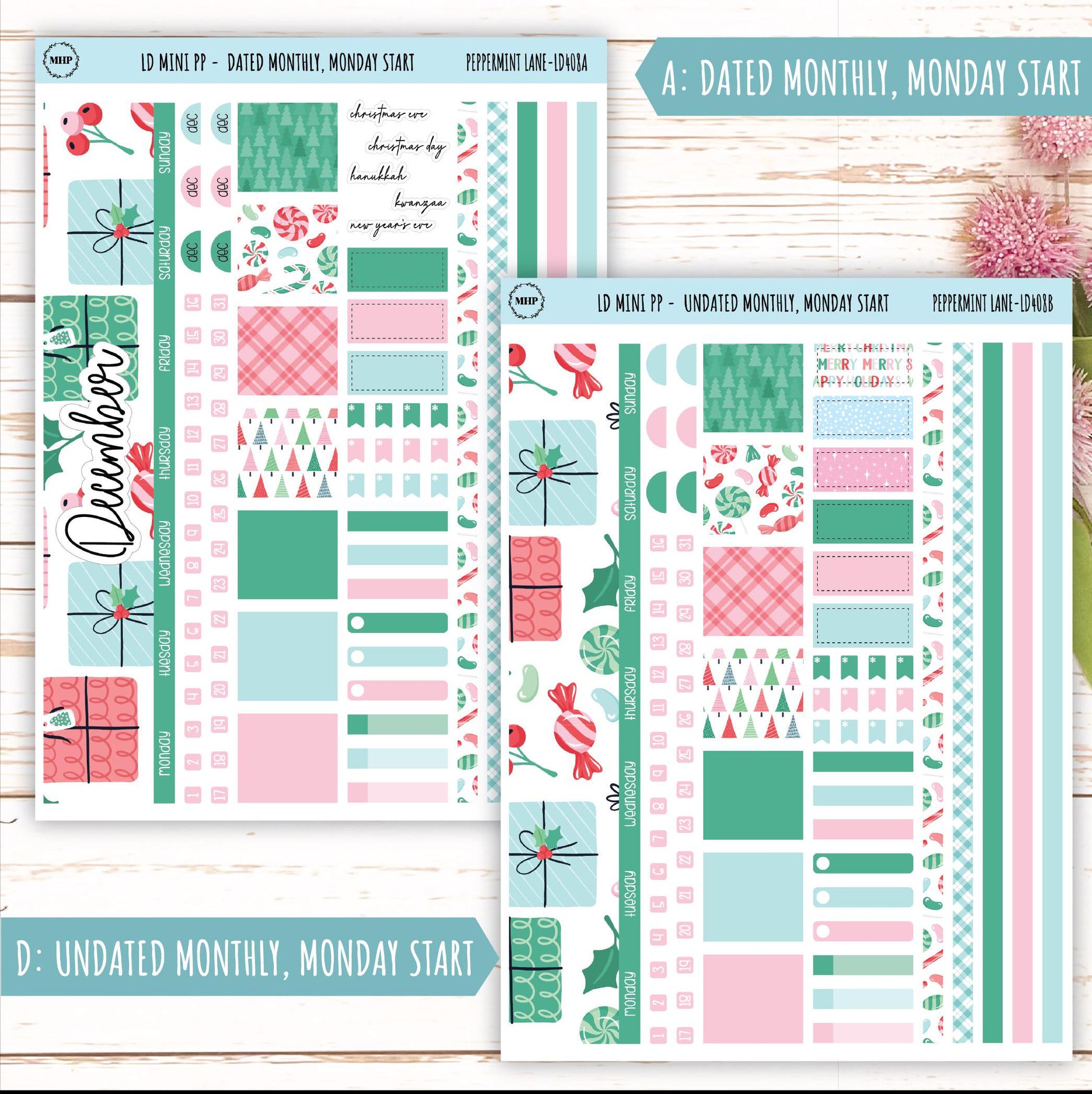 DECEMBER Stickers for LD Mini Project Planner "Peppermint Lane" || LD408PL