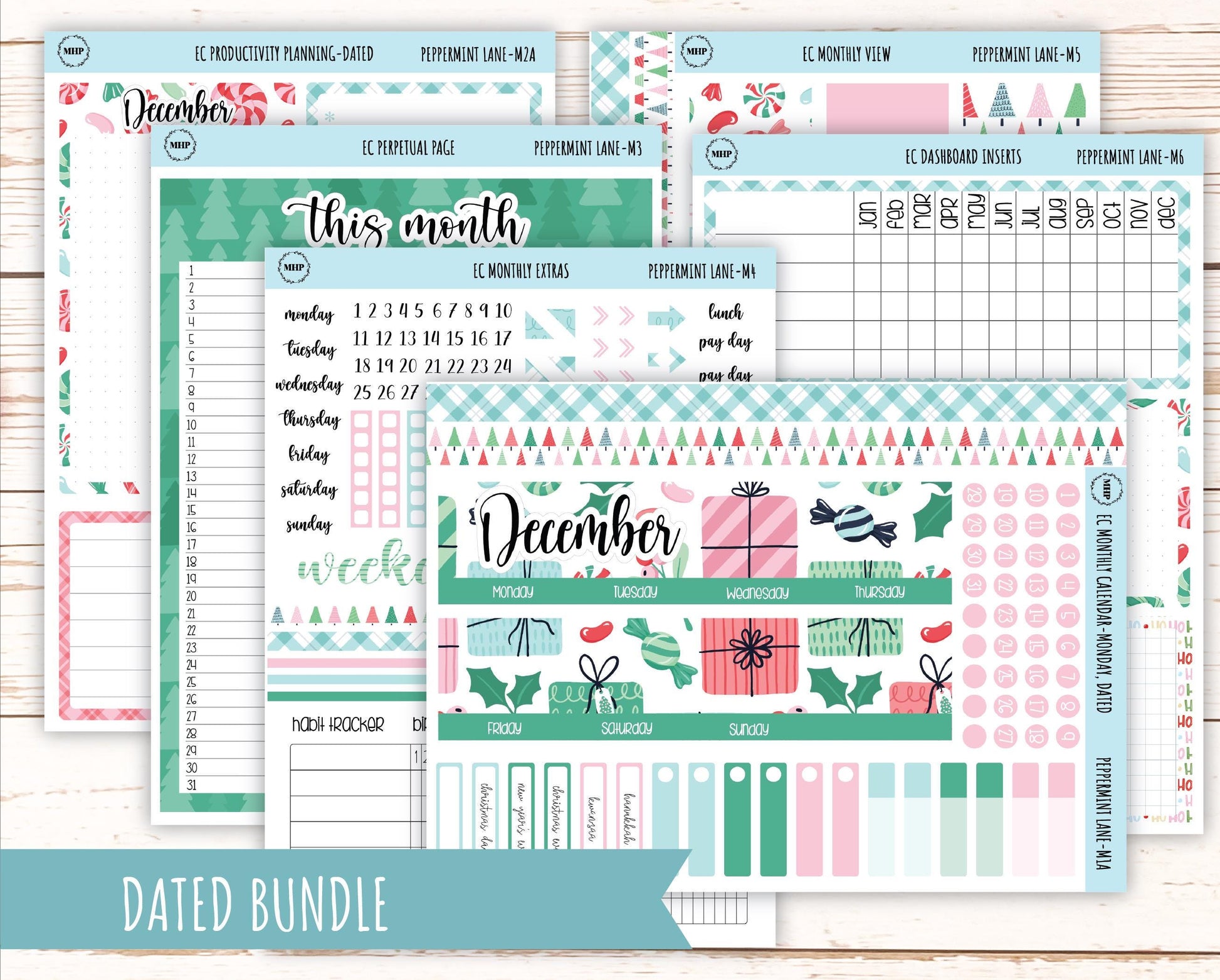 DECEMBER Monthly Kit Stickers for 7x9 Erin Condren Planners. "Peppermint Lane" || ECM-PML