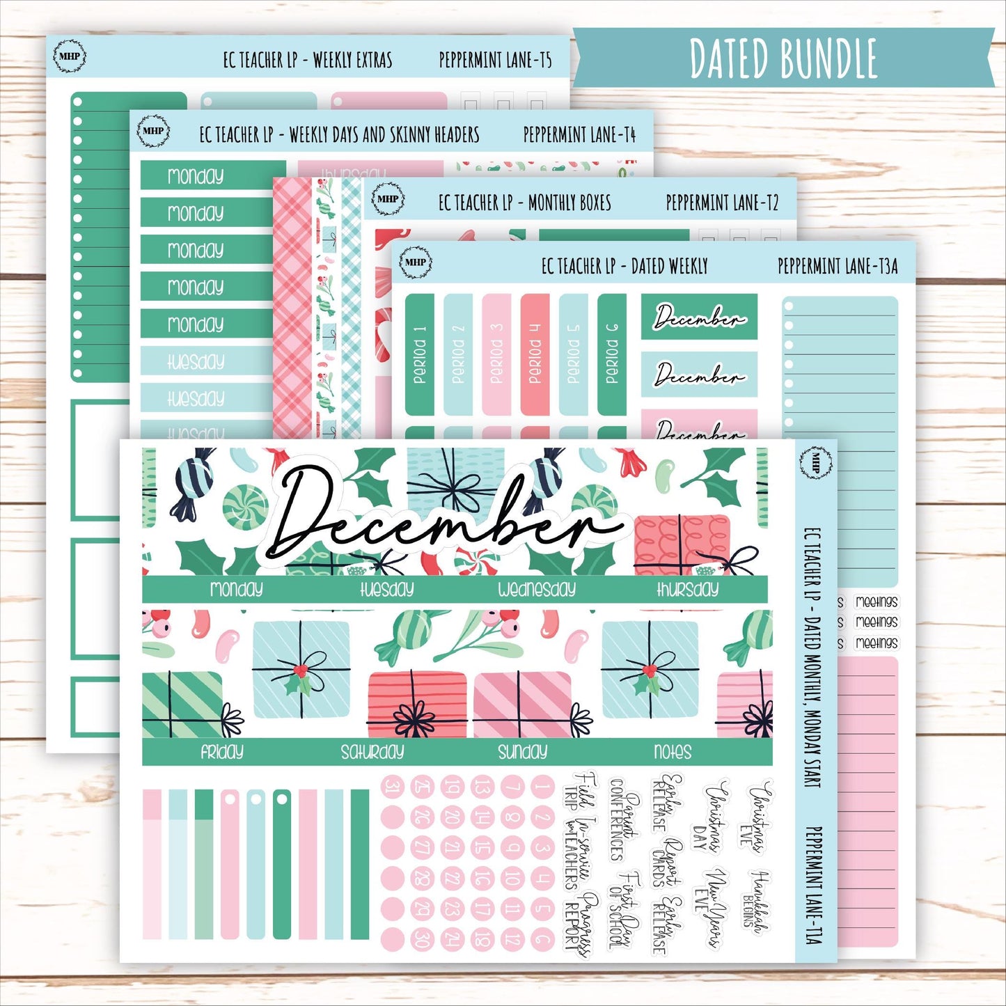 DECEMBER Stickers for Erin Condren Teacher Lesson Planner. "Peppermint Lane" || ECT-PML