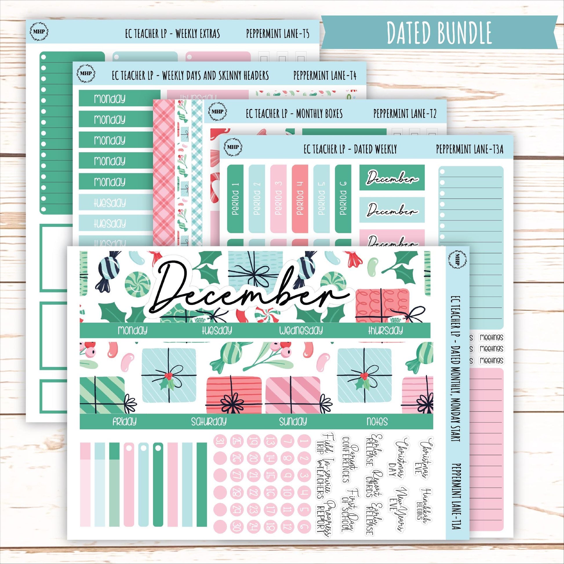 DECEMBER Stickers for Erin Condren Teacher Lesson Planner. "Peppermint Lane" || ECT-PML