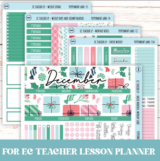 DECEMBER Stickers for Erin Condren Teacher Lesson Planner. "Peppermint Lane" || ECT-PML