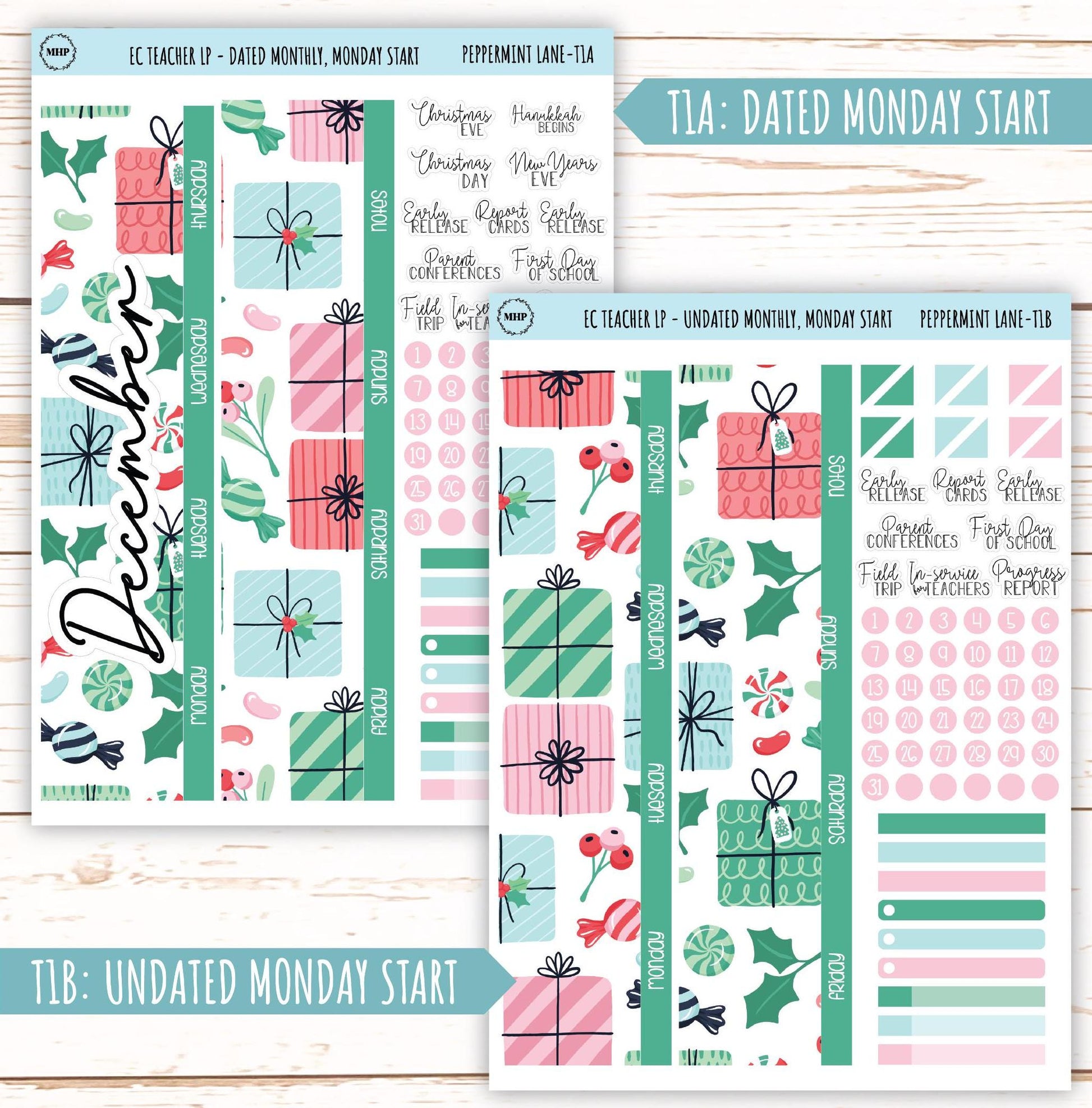DECEMBER Stickers for Erin Condren Teacher Lesson Planner. "Peppermint Lane" || ECT-PML