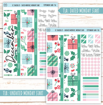 DECEMBER Stickers for Erin Condren Teacher Lesson Planner. "Peppermint Lane" || ECT-PML