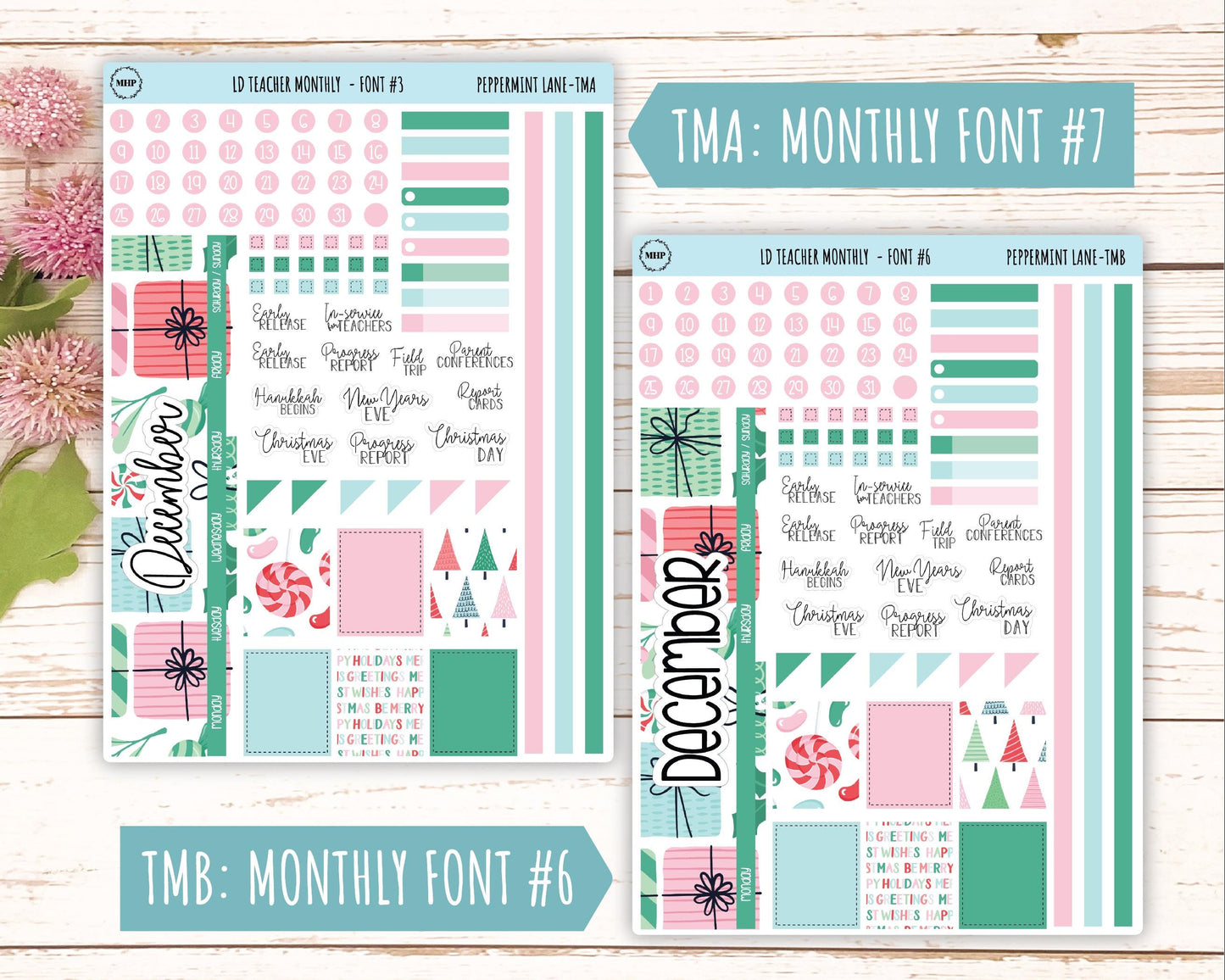 DECEMBER Stickers for Laurel Denise Teacher Planners. "Peppermint Lane" || TPL