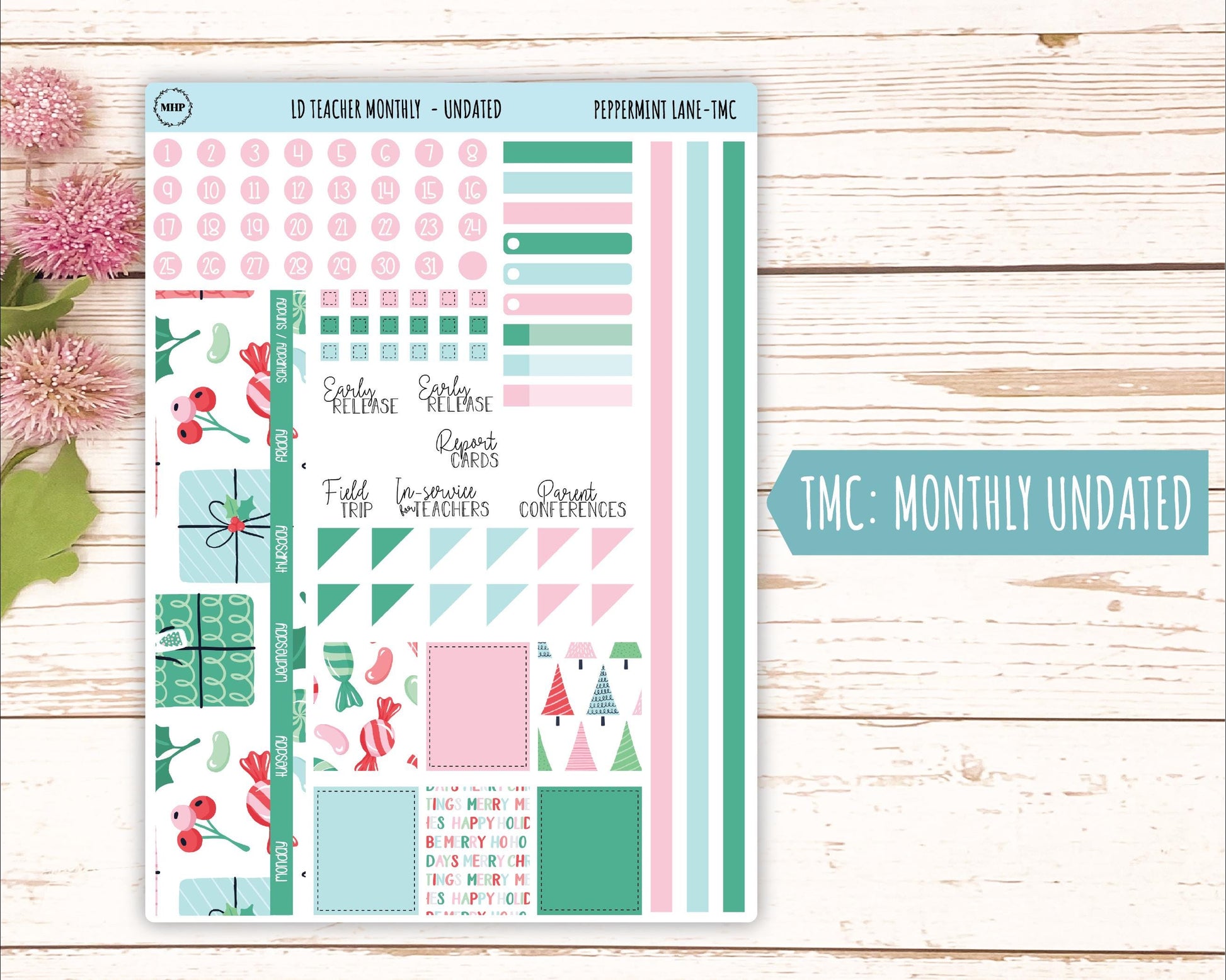 DECEMBER Stickers for Laurel Denise Teacher Planners. "Peppermint Lane" || TPL
