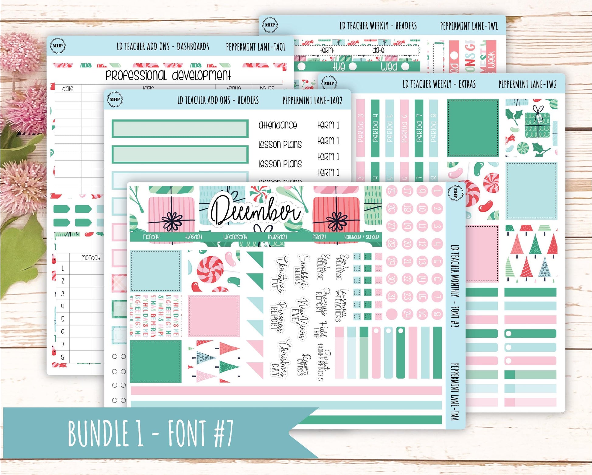 DECEMBER Stickers for Laurel Denise Teacher Planners. "Peppermint Lane" || TPL