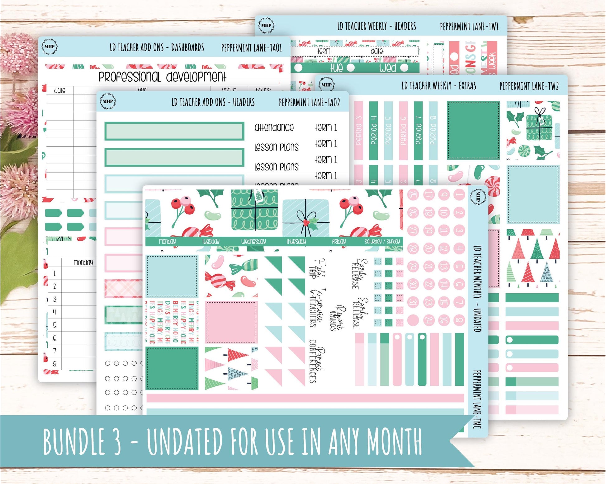 DECEMBER Stickers for Laurel Denise Teacher Planners. "Peppermint Lane" || TPL