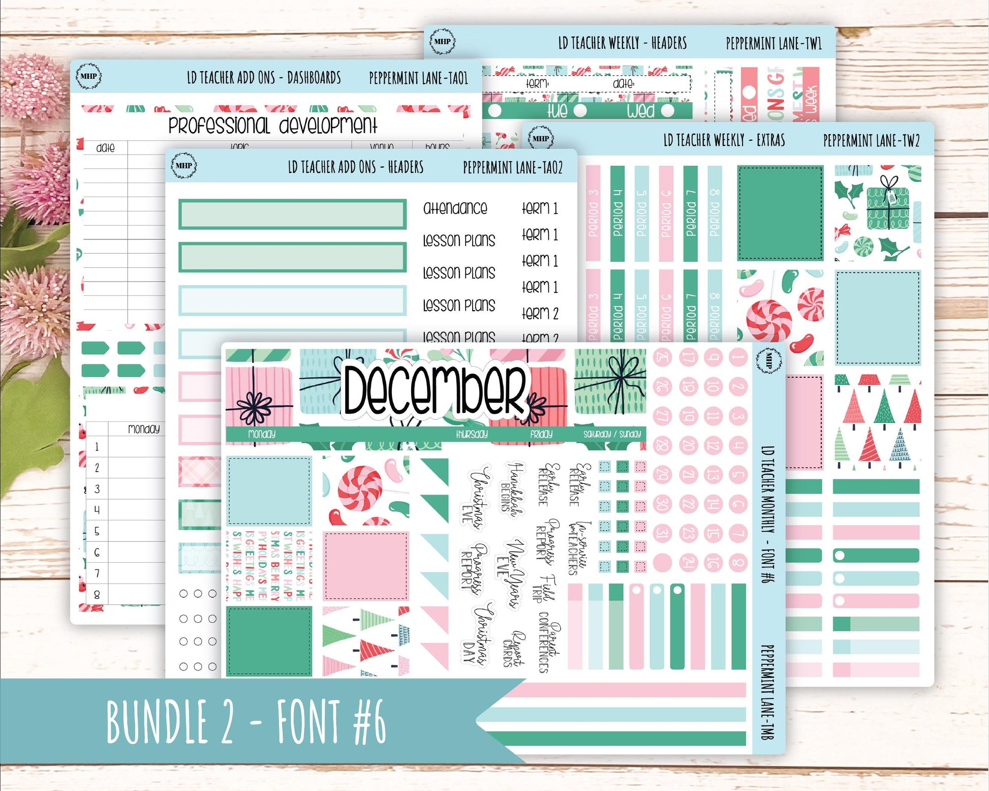 DECEMBER Stickers for Laurel Denise Teacher Planners. "Peppermint Lane" || TPL