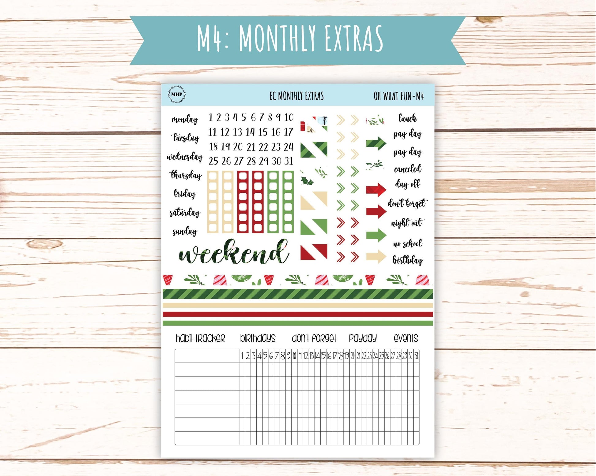 DECEMBER Monthly Kit Stickers for 7x9 Erin Condren Planners. "Oh Wha Fun" || ECM-OWF